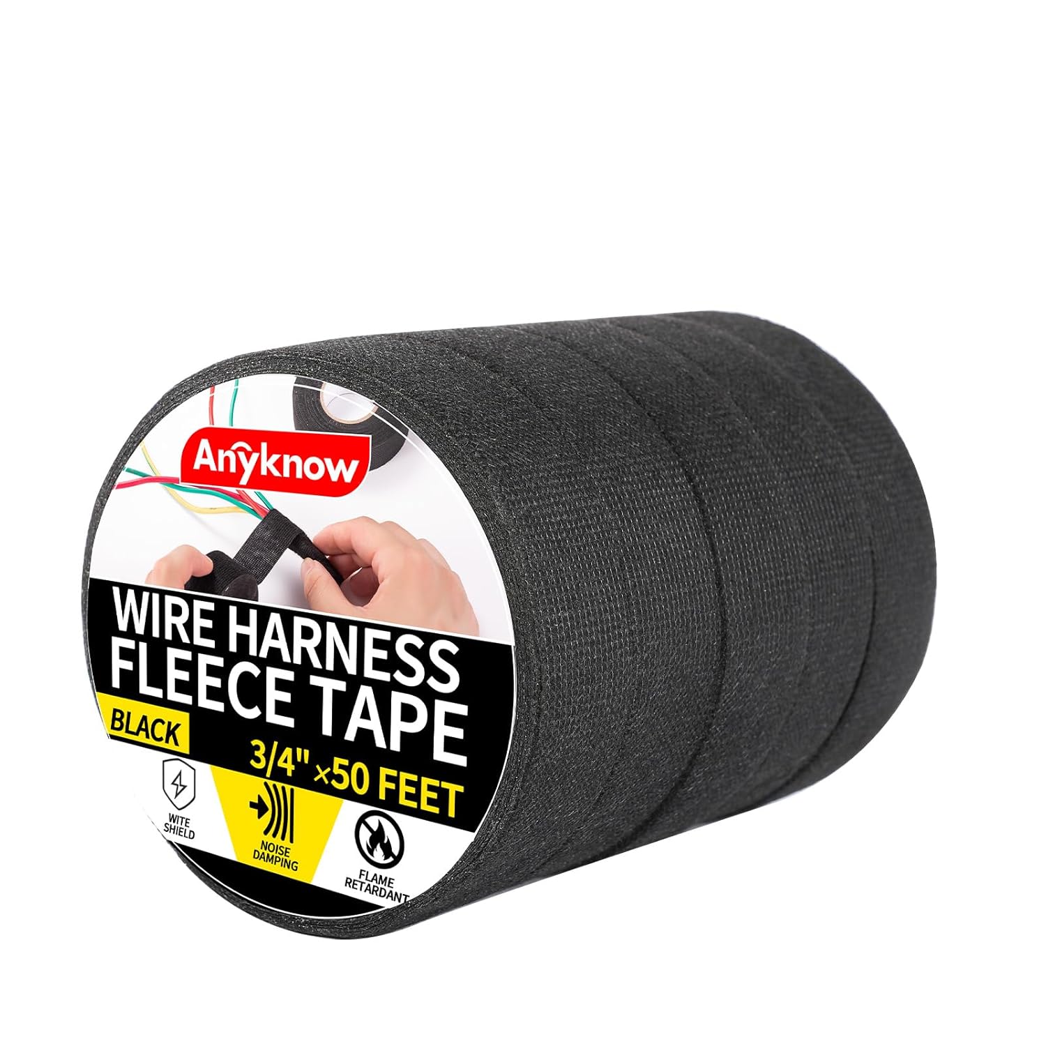 Self-Fusing Wire Harness Tape and Harness Wrap - Fabric Tape, Heat Resistant for Automotive Wiring Harness, Wire Loom Protection with Anti-Abrasion & Noise Reduction (1 Inch x 50 Ft, 5 Rolls, Black)​
