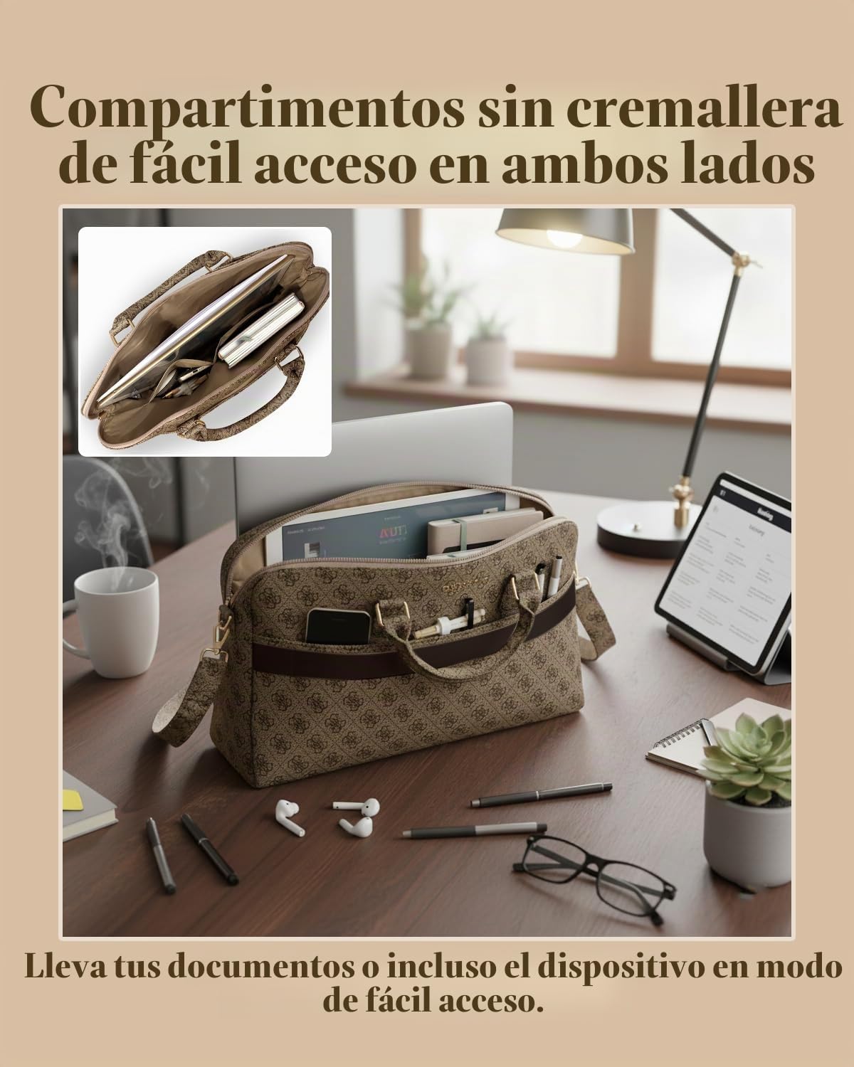 CG MOBILE Funda para portátil Guess 4G con cremallera y logotipo triángulo de 15 pulgadas (marrón)