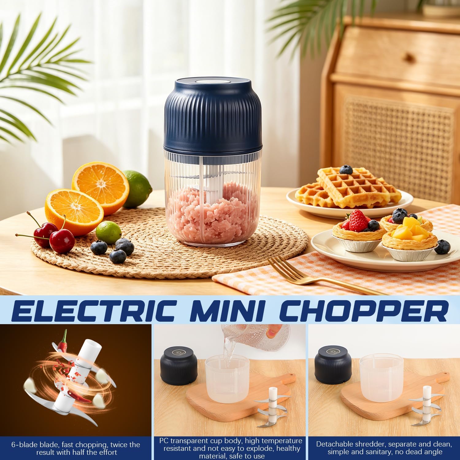 Electric Garlic Chopper 350ml, Cordless & Powerful 6 Stainless Steel Blades | Portable Cordless Garlic Mincer, Food Chopper with Lid, Mini Food Processor for Onion Ginger Chili Meat