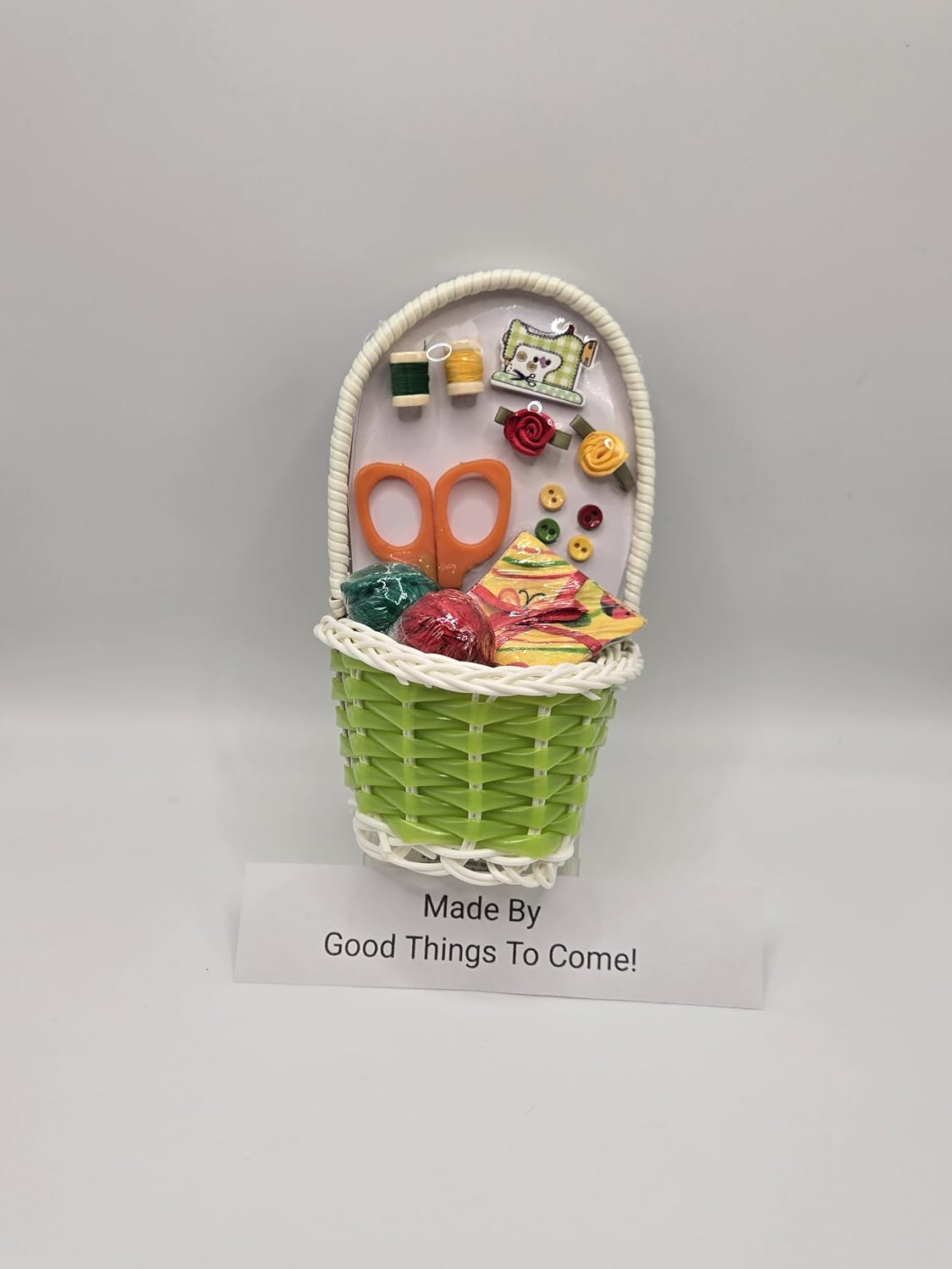 Doll size Sewing Basket, with Scissors and Assorted Accessories.