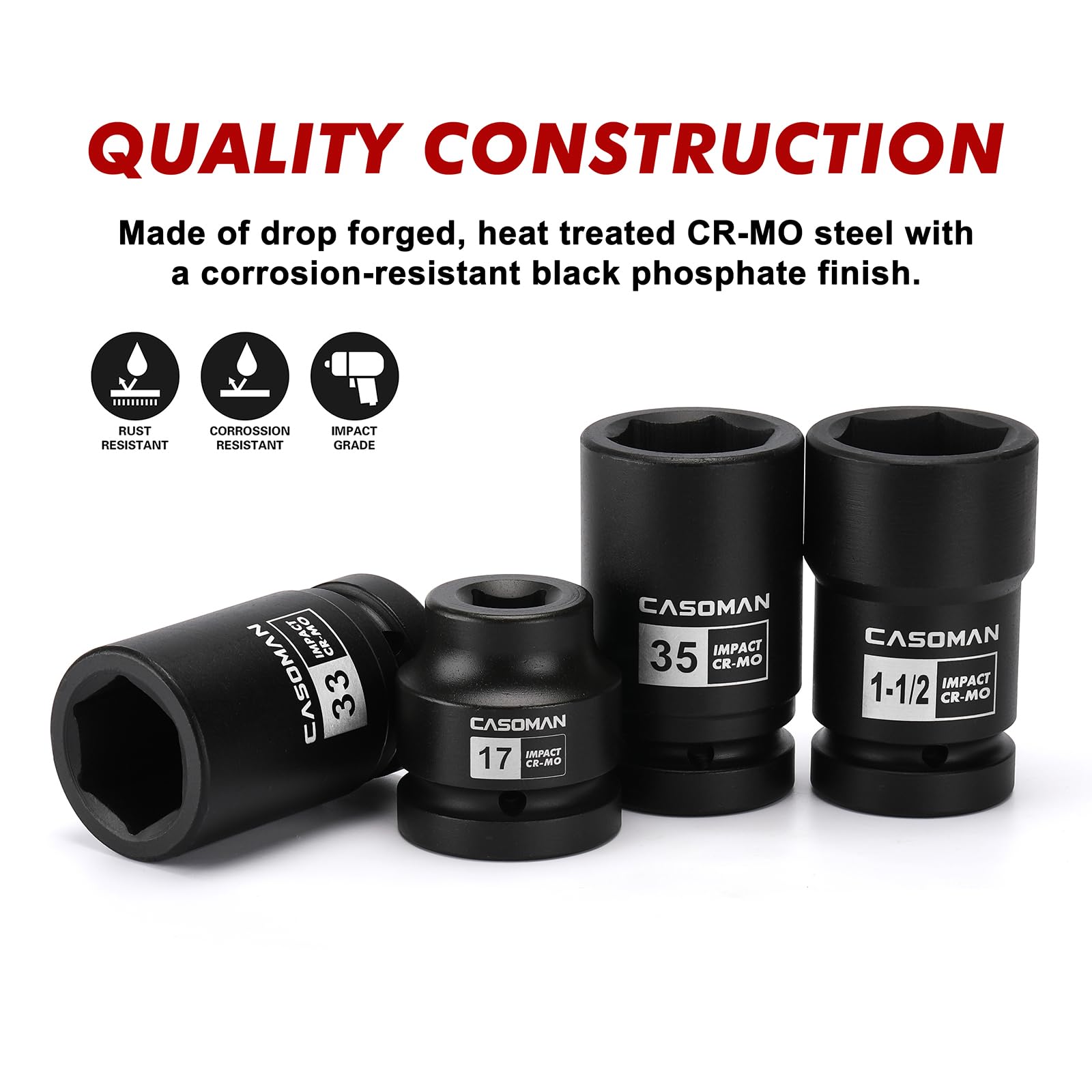CASOMAN Set di 8 chiavi a bussola per avvitatore a percussione, metriche e SAE, per camion e ruote, design a 6 punti/quadrati, CR-MO
