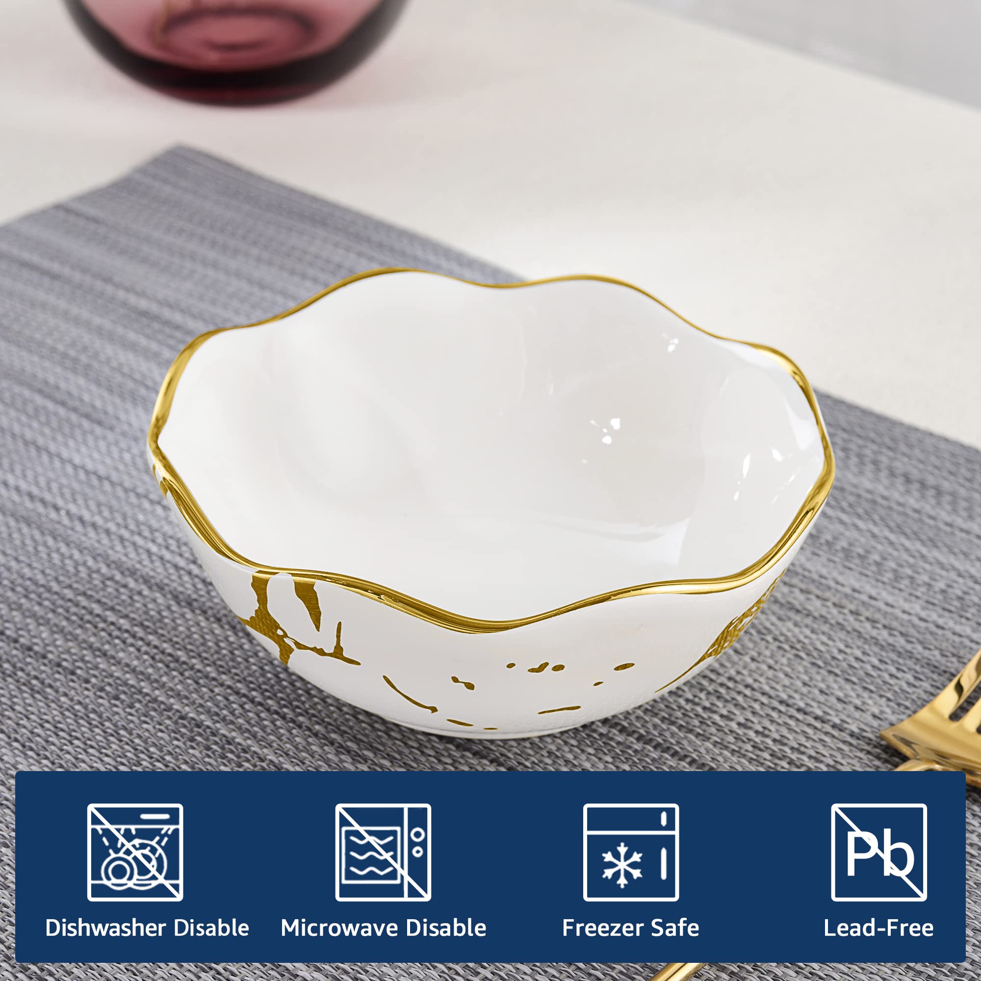 fanquare 4 Stück Weiße Gold Marmor Müslischalen Set, Japanische Ramen Schüssel Set, Klein Dessertschalen Keramik für Suppe, Salat, Pasta, Reis