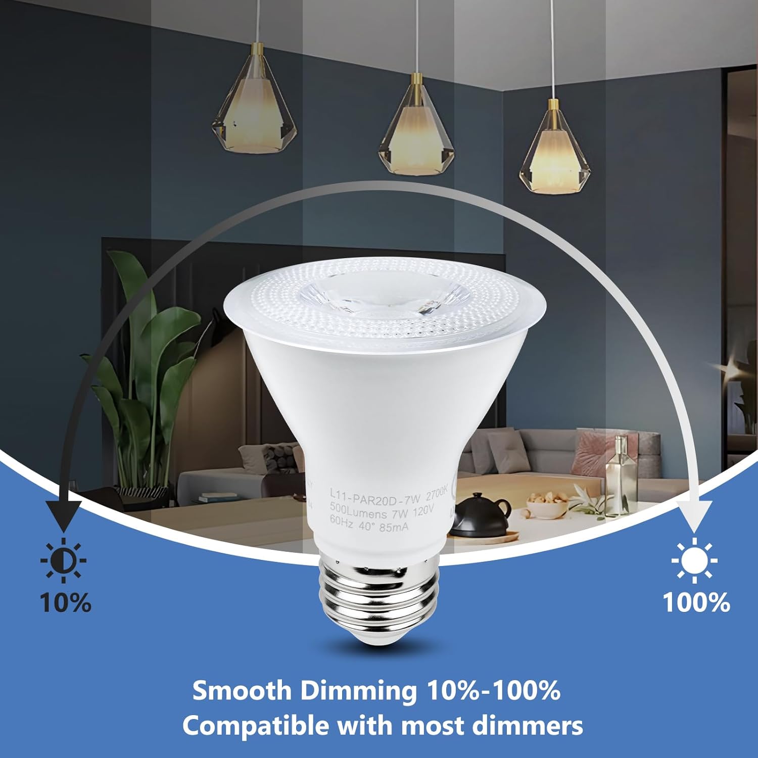 YGS-Tech PAR20 LED Bulbs, 50W Equivalent, 7W Dimmable PAR20 Spotlight Bulb, 5000K Daylight White, 500 Lumens, E26 Base, UL Listed, Indoor/Outdoor Flood Light Bulbs, 6 Pack