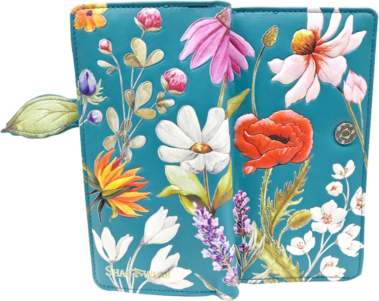 Shag Wear Summer Wild Flowers Large Wallet for Women – Vegan Faux Leather Clutch Purse with Floral Design, Nature Theme, Magnetic Snap Closure, Card and Bill Organizer Teal 7"
