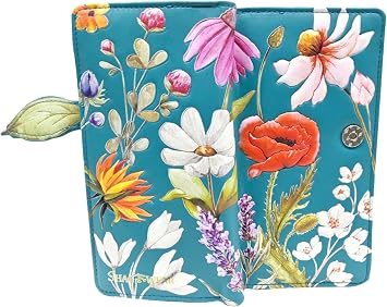 Shag Wear Summer Wild Flowers Large Wallet for Women Vegan Faux Leather Clutch Purse with Floral Design, Nature Theme, Magnetic Snap Closure, Card and Bill Organizer Teal 7"