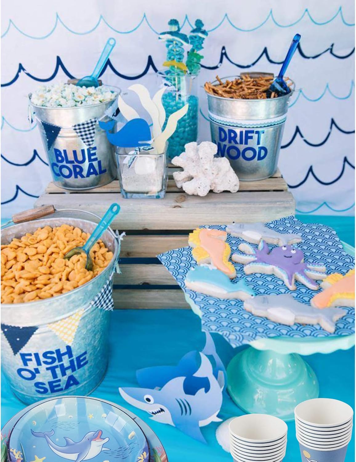 Cieovo Ocean Sea Life Dolphin Party Pack, Serves 16 Guest -Including Dinner Plates, Luncheon Napkins and Cups Supply Tableware Set Kit for Underwater World Creatures Dolphin Theme Party Decorations : Home & Kitchen