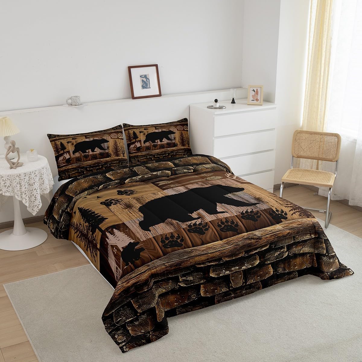 Feelyou Cute Bear Bedding Set - Twin Size Rustic Cabin Country Comforter Set, Paw Wildlife Bear Duvet Set Room Decor Quilt Set