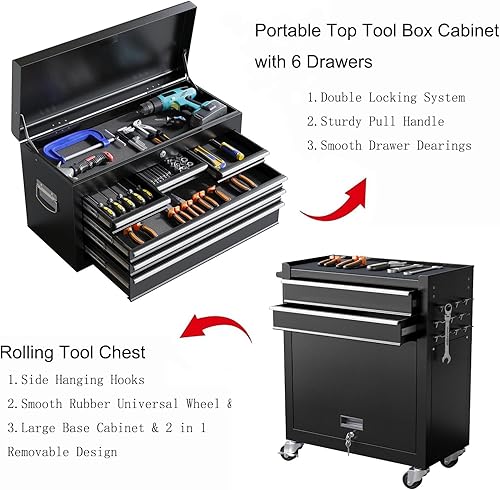 Miniatura 6 de Caja de herramientas con ruedas de 8 cajones con ruedas, caja de herramientas desmontable 2 en 1, gabinete de herramientas con cajones y sistema de
