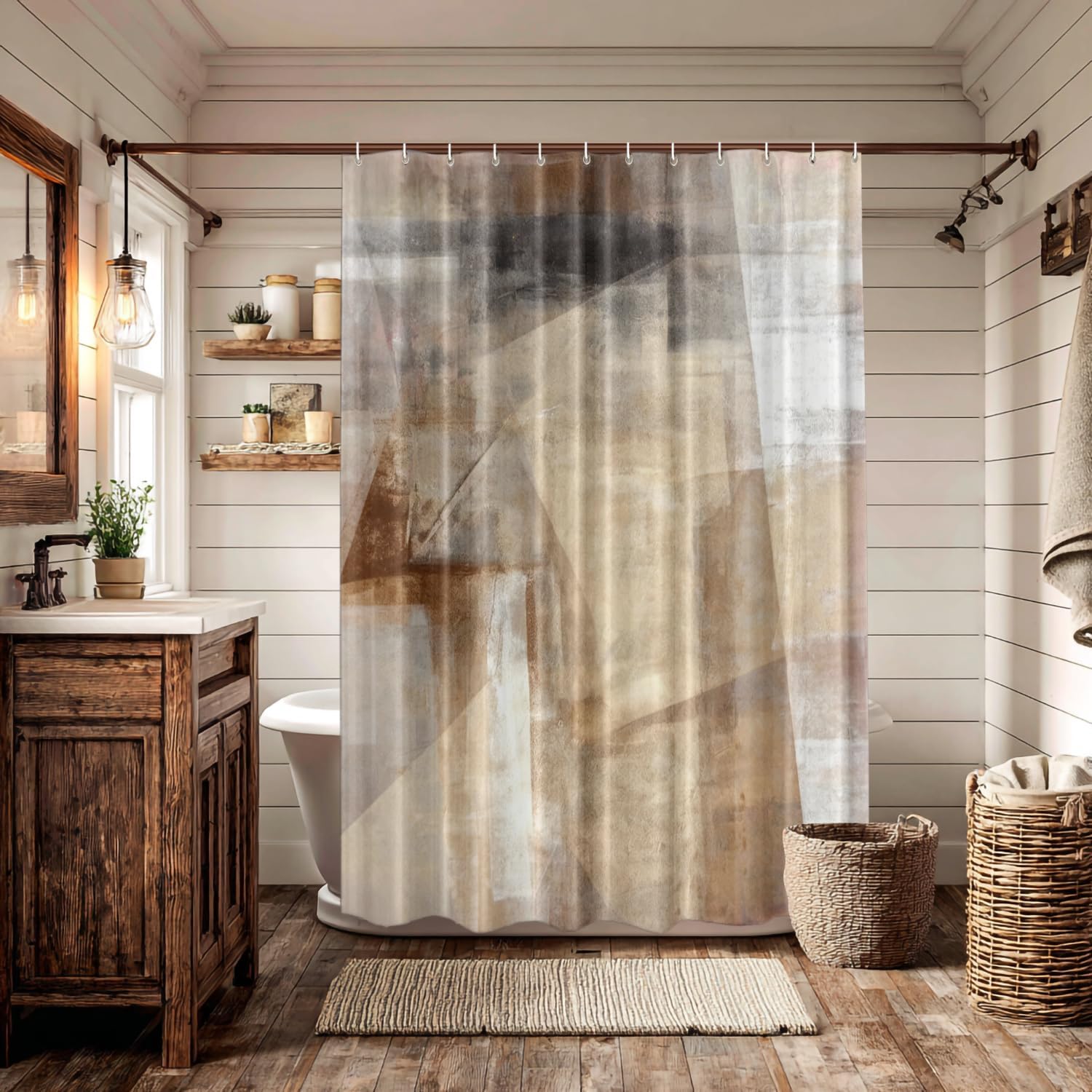 Batmerry Brown Beige Abstract Art Decorative Shower Curtain - Acrylic Painting Design, Long Wide With Rust Proof Grommets for Bathroom, Waterproof Washable