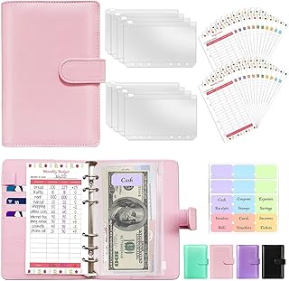 A6 PU Leather Budget Binder System with Cash Envelopes for Budgeting, Money Saving Binder Organizer for Cash with Zipper Pockets and Budget Sheets (Pink)