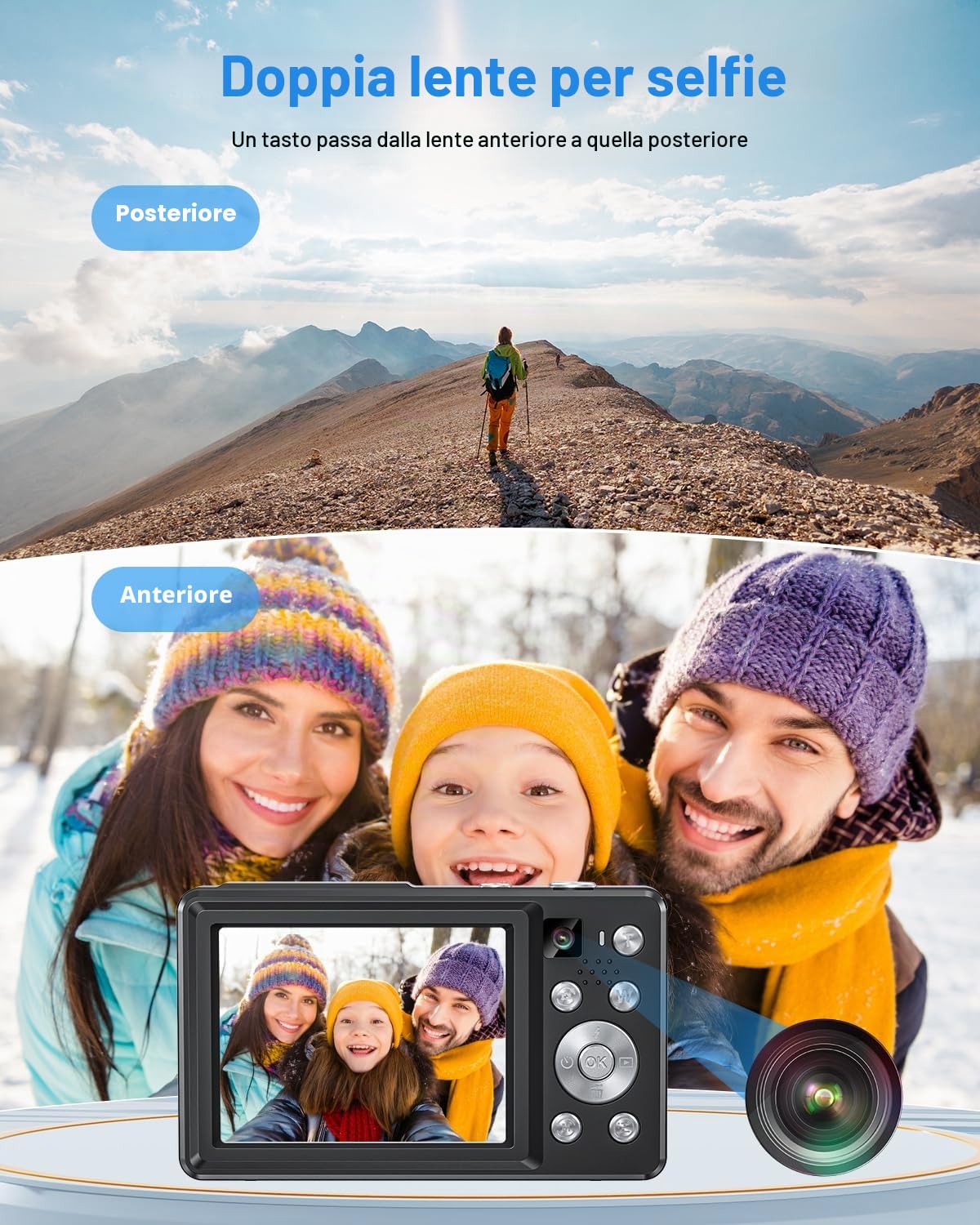 Fotocamera digitale 4K 64MP, Macchina Fotografica Digitale doppia fotocamera con autofocus, flash, zoom 16X, scheda da 32 GB, fotocamera per bambini, adolescenti, e principianti(nero)