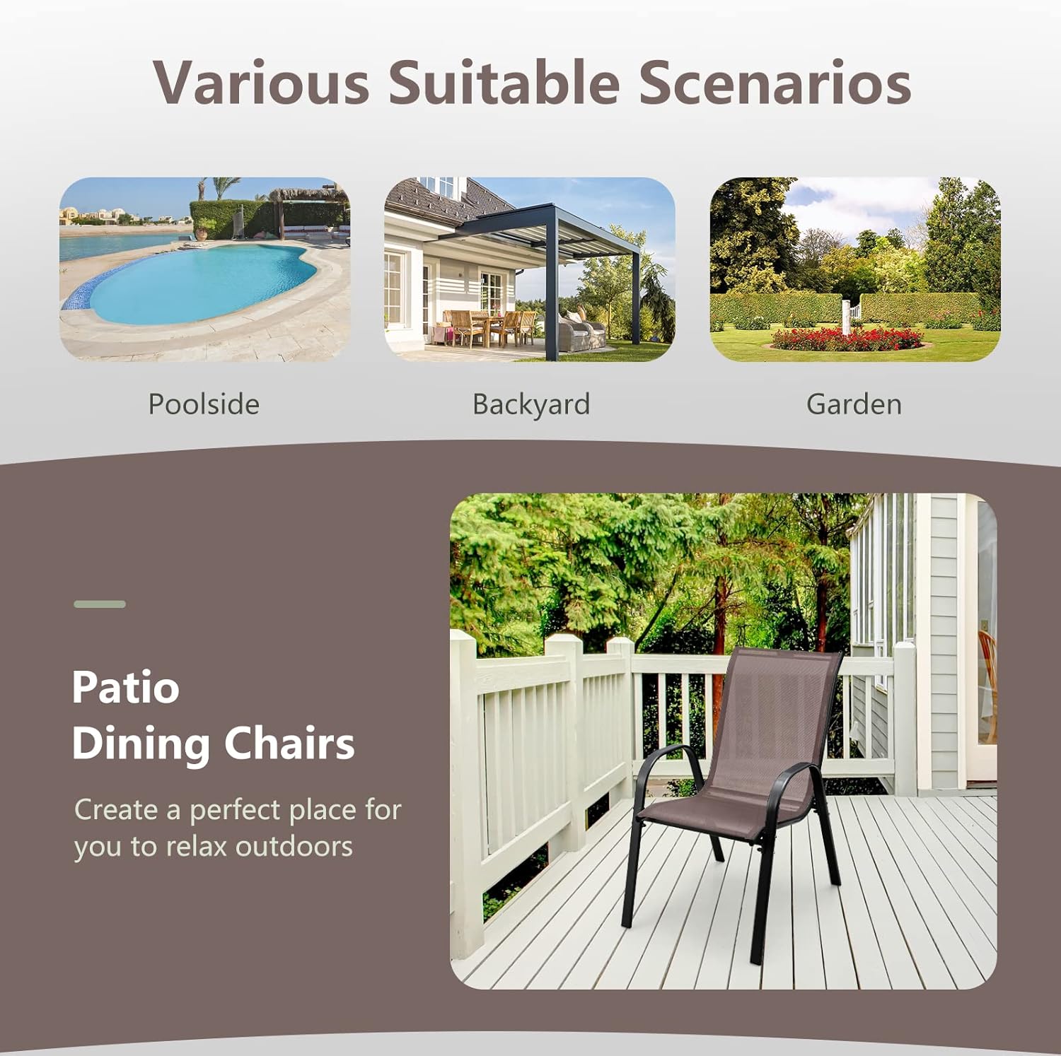 Giantex Patio Chairs Set of 2, Stackable Outdoor Dining Chairs with Breathable & Quick-Dry Fabric & Armrests for All Weather, Lawn, Backyard, Poolside,Porch, Deck, 330 LBS Capacity (Brown)