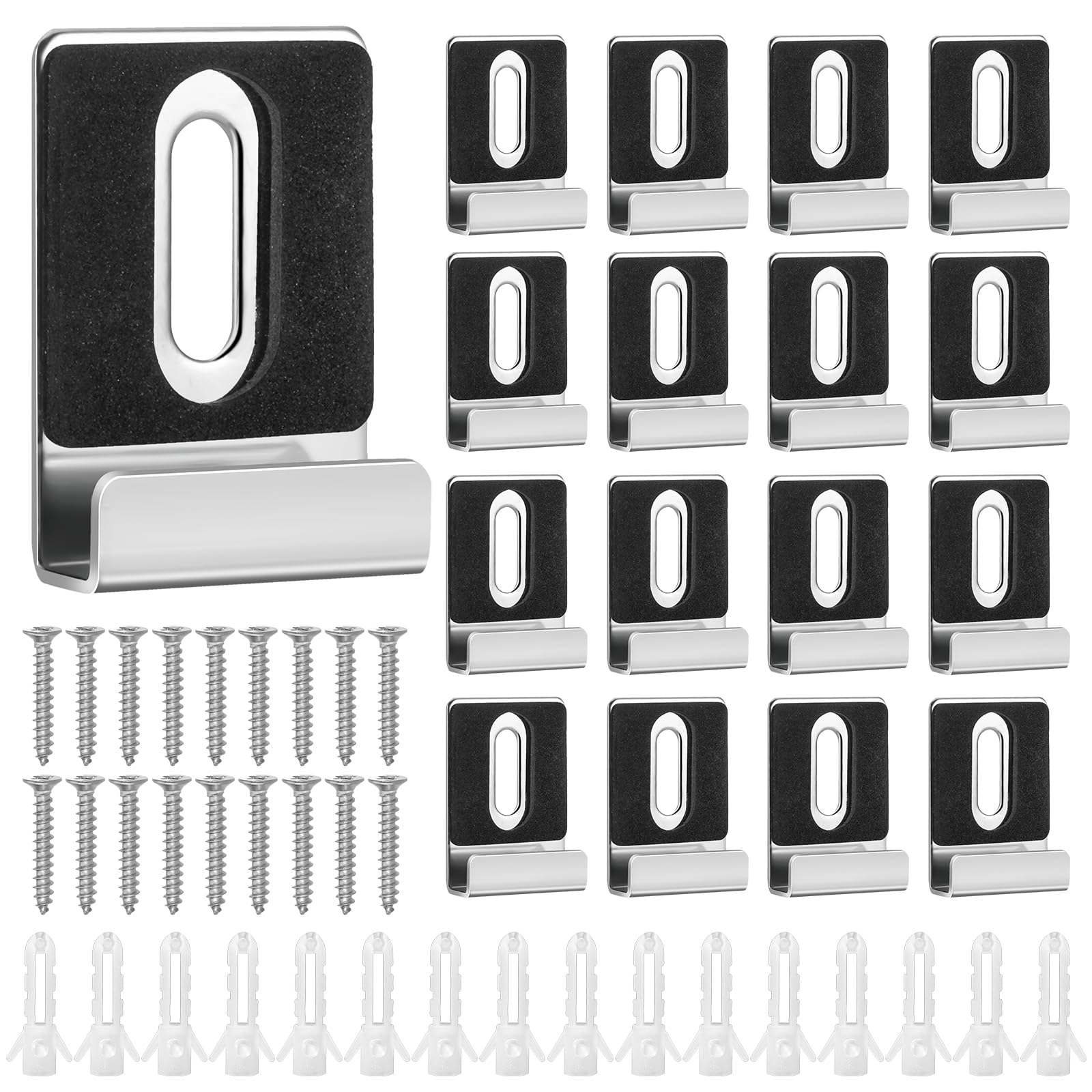 Photo 1 of 16pcs Metal Mirror Holder Kit, J Type Mirror Hanger Clip Kit with Screws Rubber Pads Mirror Hooks Heavy Duty Mirror Hanger Hardware for Frameless Mounting Wall Tile Billboard Display (Silver)