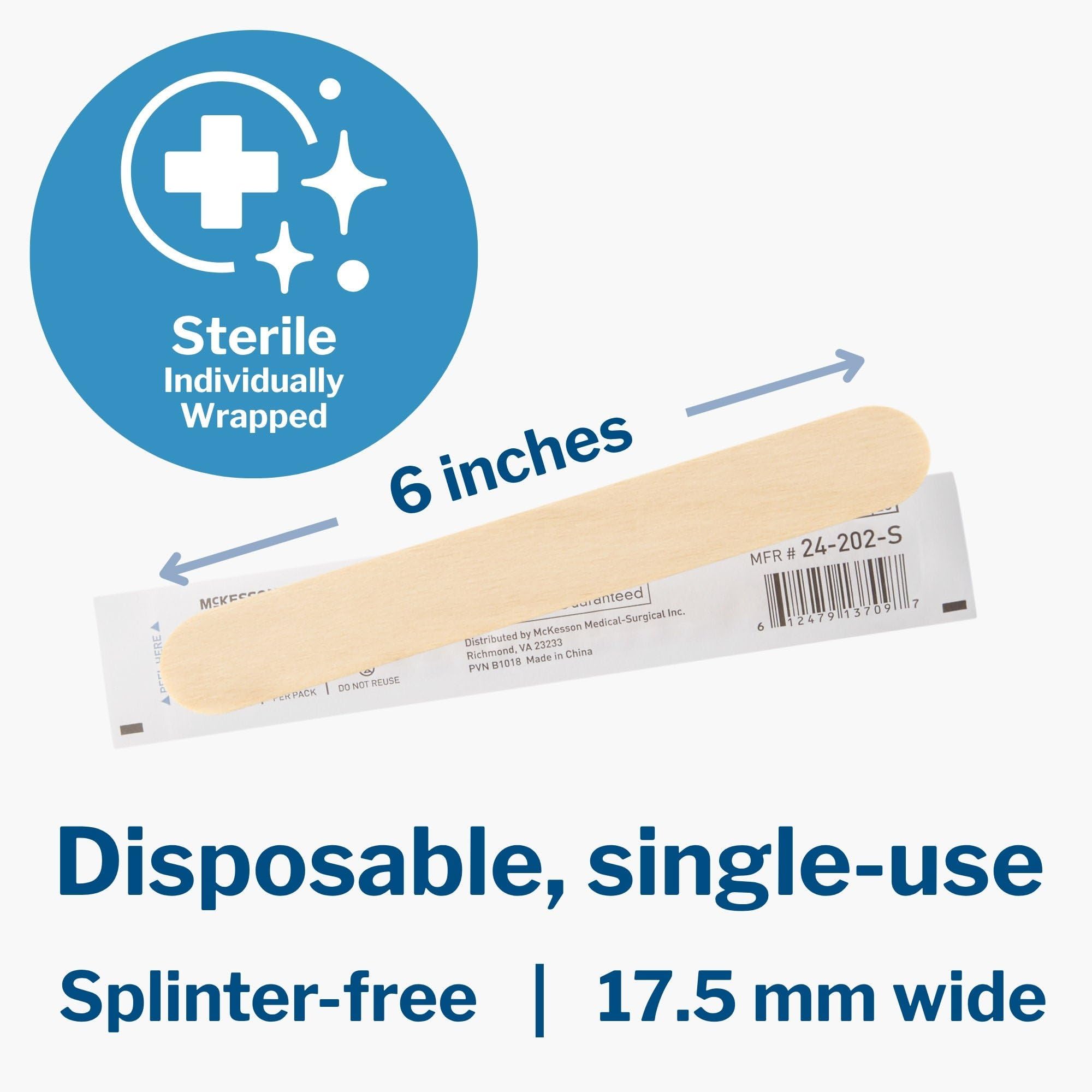 McKesson Depresor de lengua, estéril, de madera, envuelto individualmente, adulto, 6 pulgadas, 100 unidades