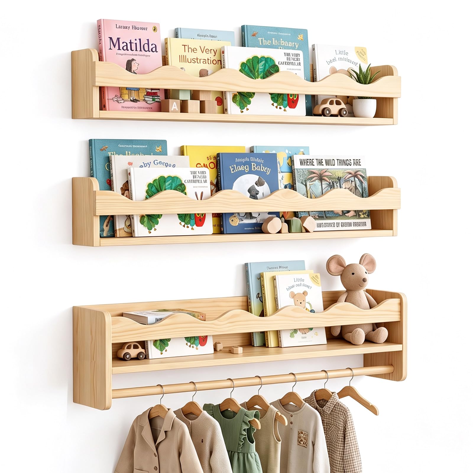 Nursery Shelves Kids Bookshelf - 40cm Set of 3 Floating Book Shelf for Wall — image 1