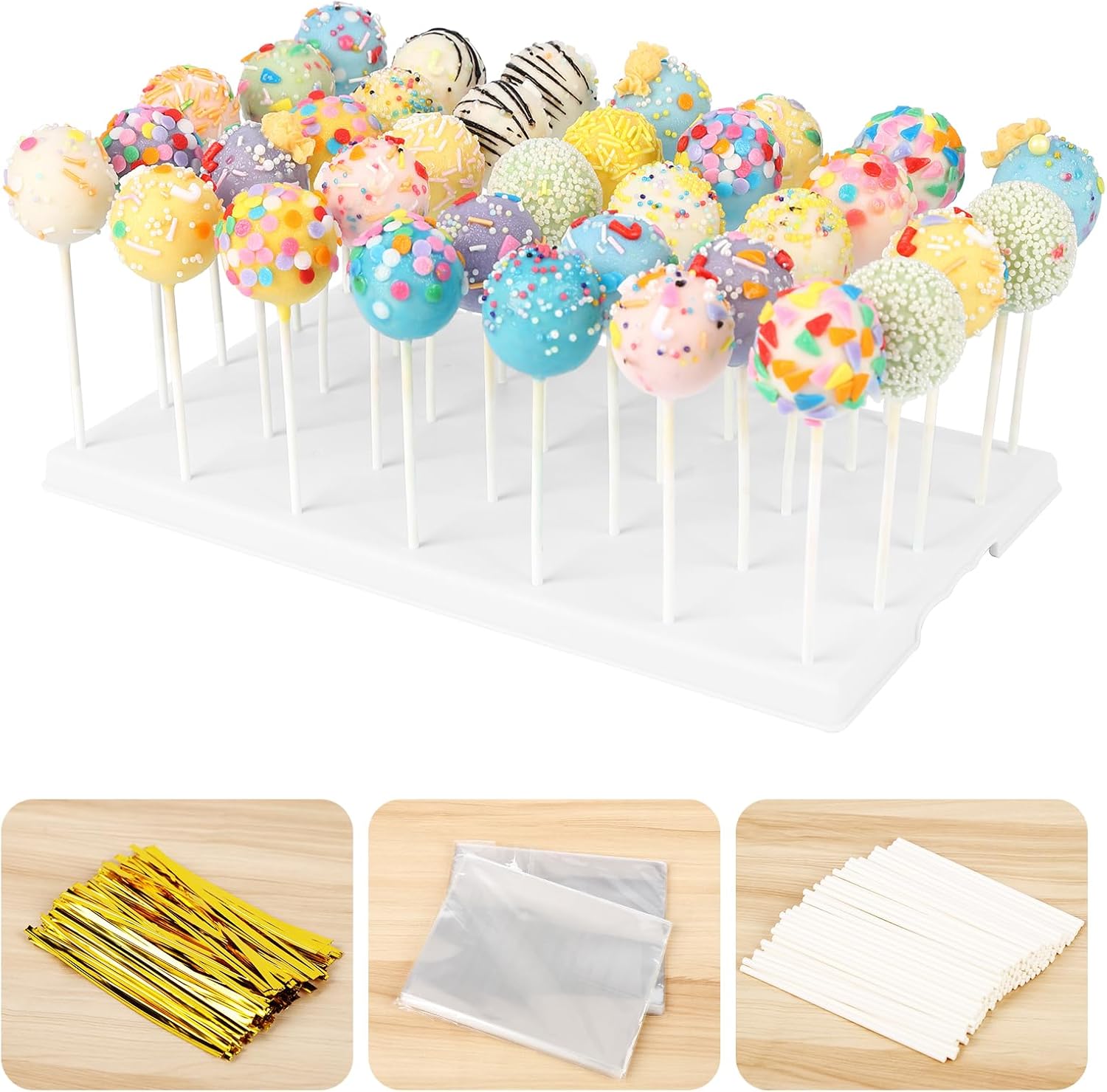 Cake Pop Display Stand Holder, 35 Holes with 100 Pcs Sticks, Bags, Gold Ties - Essential Kit for Cakepop & Lollipop (White)