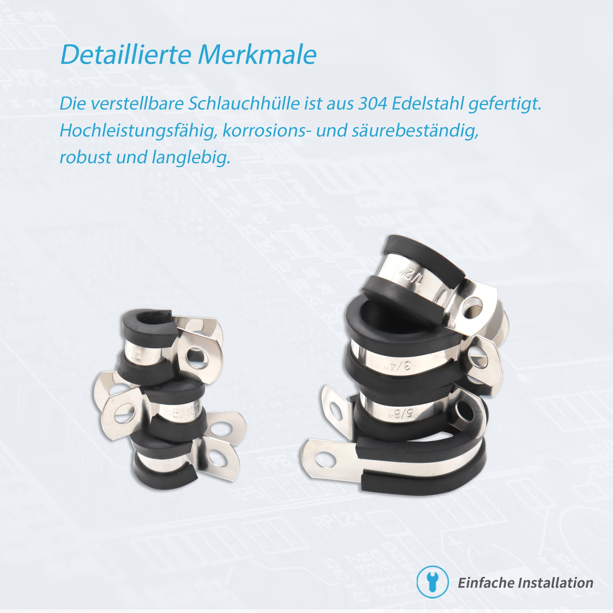 Lot de 141 Colliers de Serrage en Caoutchouc P en Acier Inoxydable 304 avec Insert en Caoutchouc, 7 Tailles (6 mm/8 mm/10 mm/13 mm/16 mm/19 mm/25 mm)
