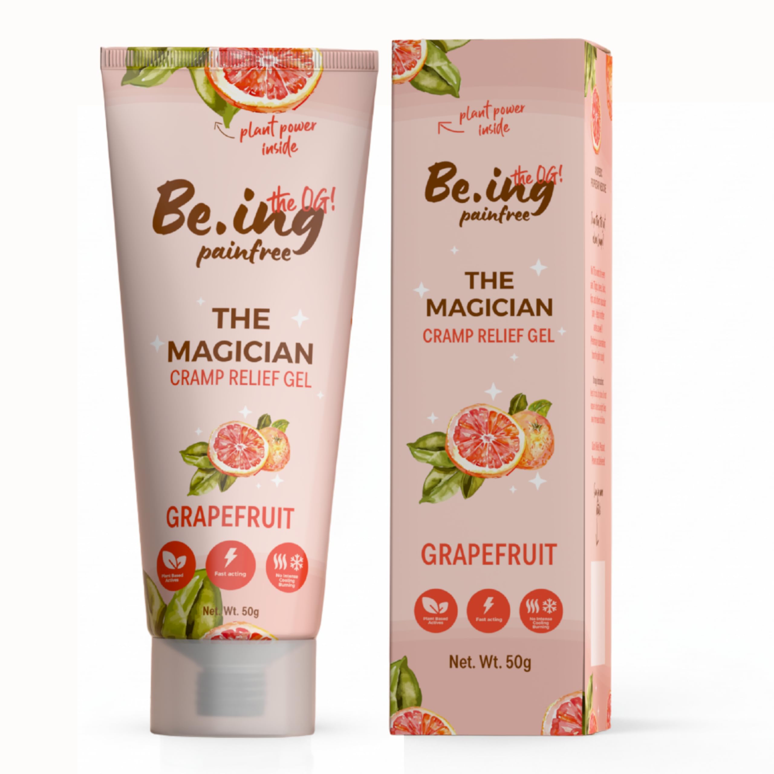 Be.ing painfree THE MAGICIAN Cramp Relief Gel -50gm| Starting 15 Seconds| 100% Plant Actives| 100% Safe| Zero Irritation| No Burns| For Cramps, Back, Legs and All Muscular Pains| Grapefruit