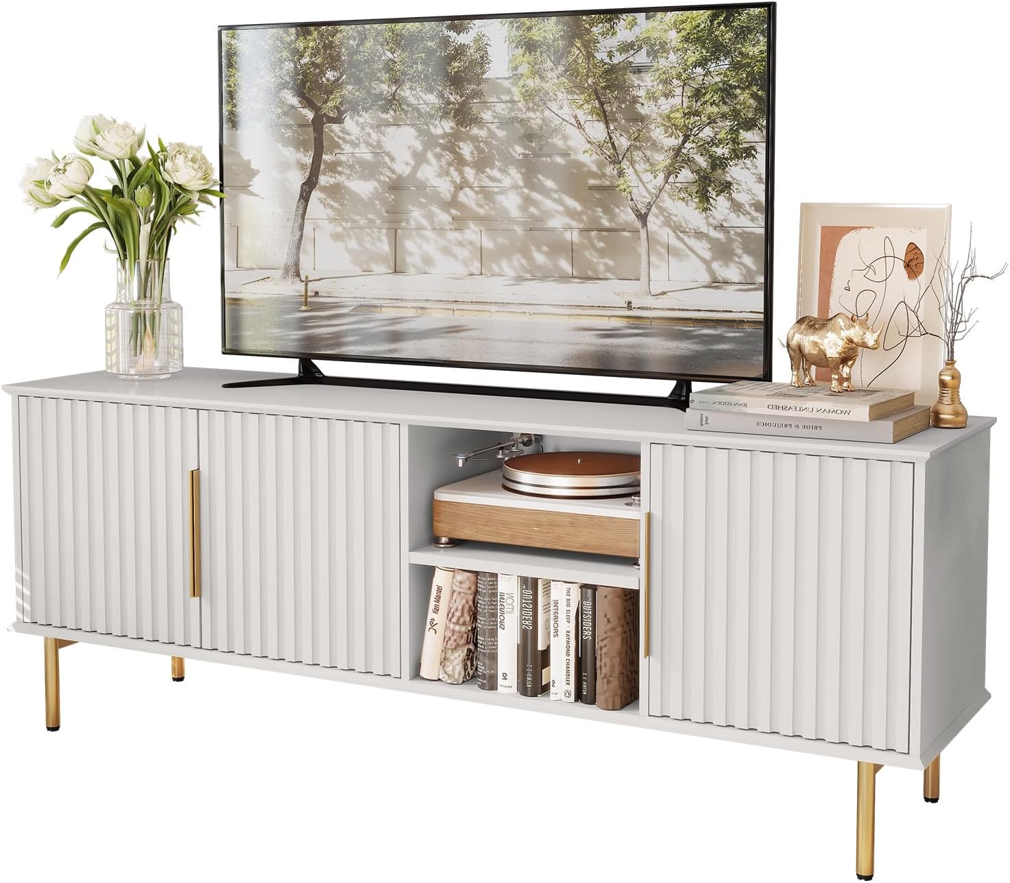 66'' Modern TV Stand for 55/60/70 inch TV,Mid Century Entertainment Center with Storage Cabinet and Adjustable Shelf,Fluted TV Stand,White Media Console for Living Room,Bedroom