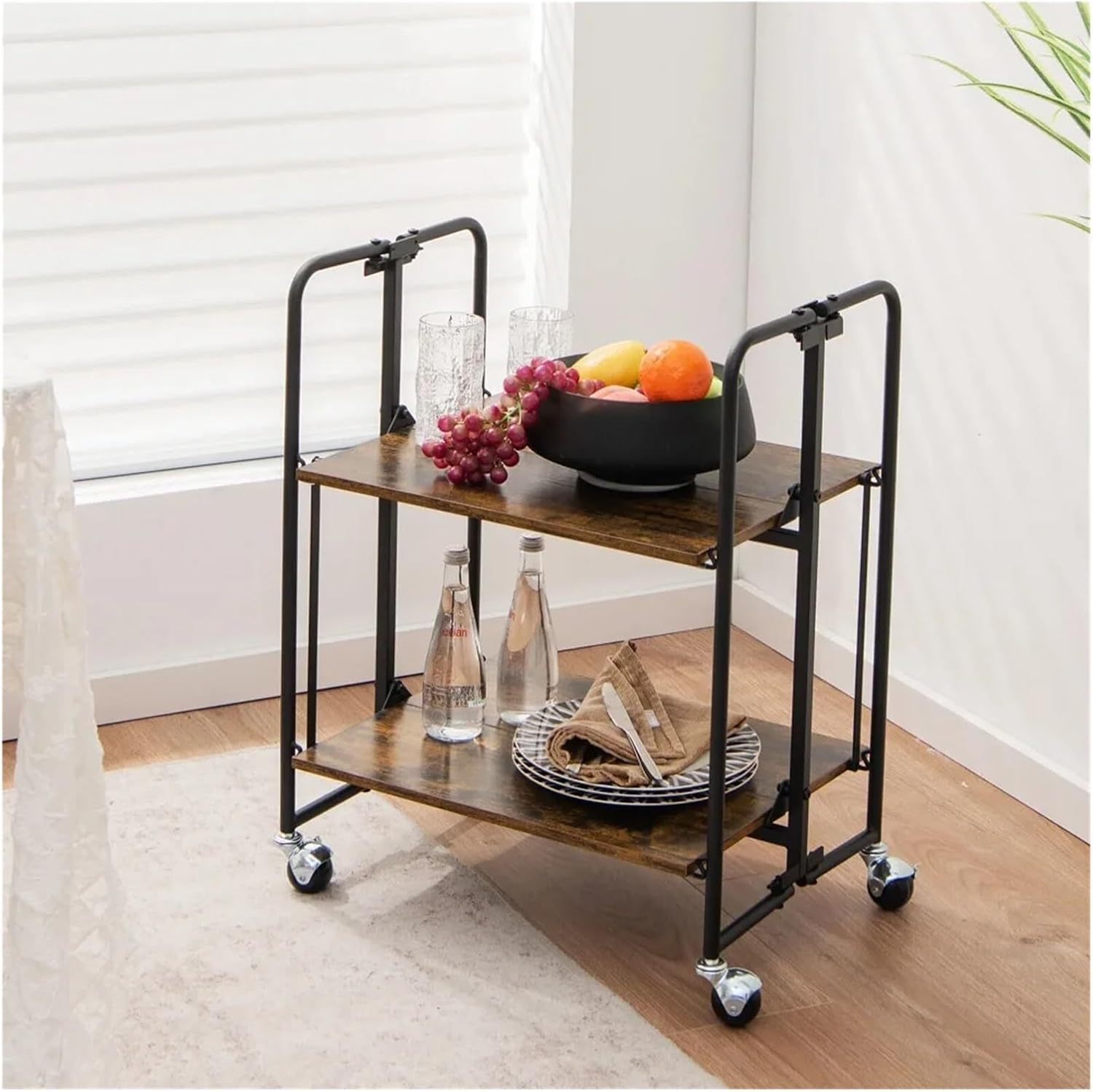 Storage Trolley 2-Tier Folding Utility Car Kitchen Service Island,Storage Shelves,Space Saving Trolley for,Hand Cart Furniture Shelving Organizer