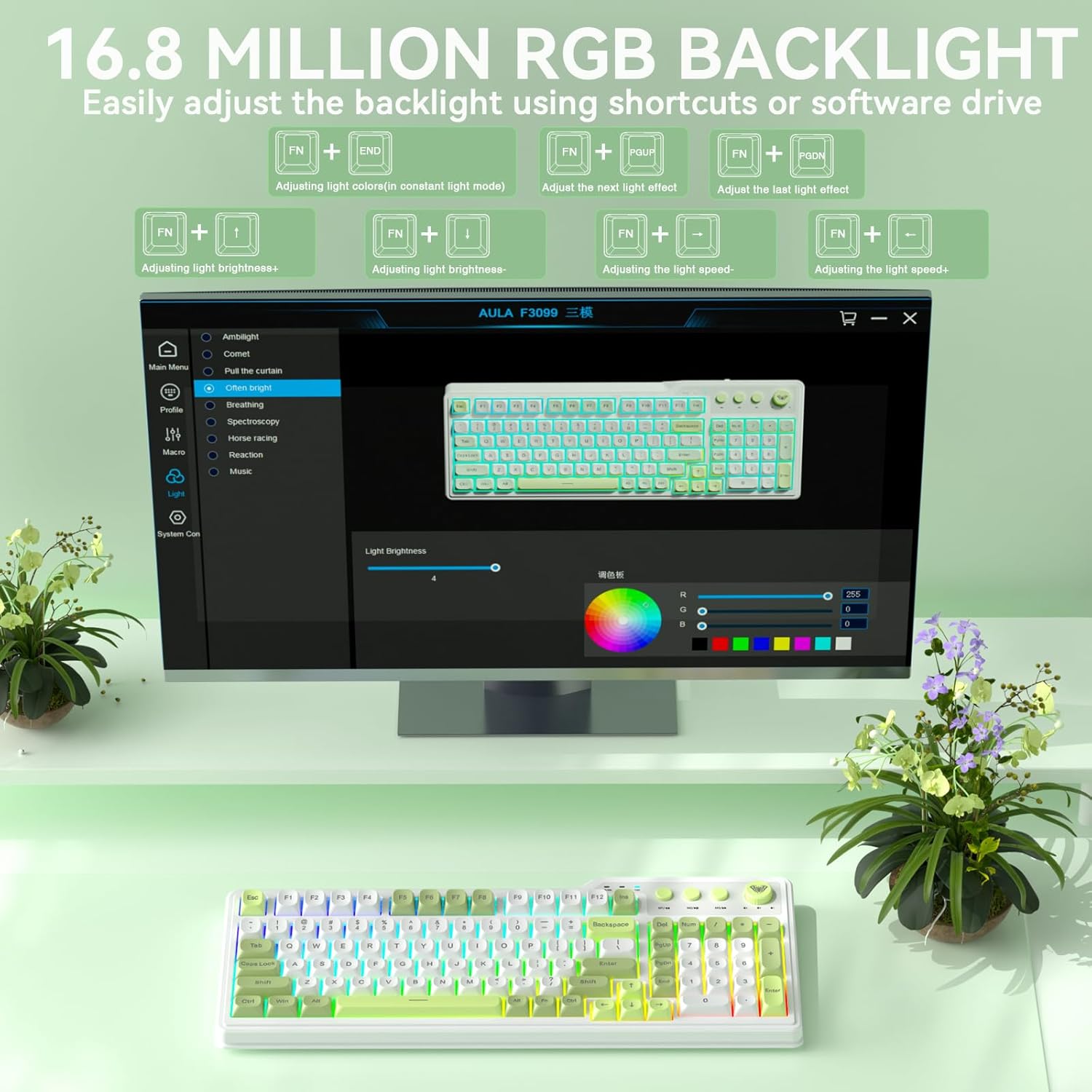 AULA F3099 keyboard displaying 16.8 million RGB backlighting with various effects and control shortcuts.