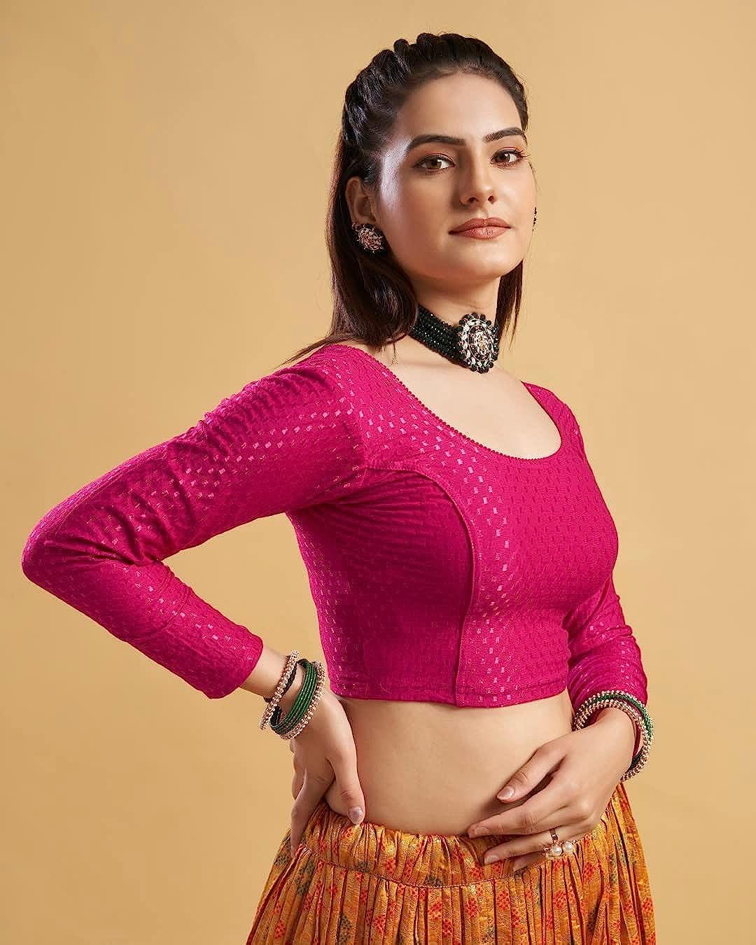 themilestocks TMS Women's Blouses Readymade Gold Stretchable Saree Crop Top Choli Free Size Long Sleeve (Magenta, Can fit bust size 28""-38"") - Image 2