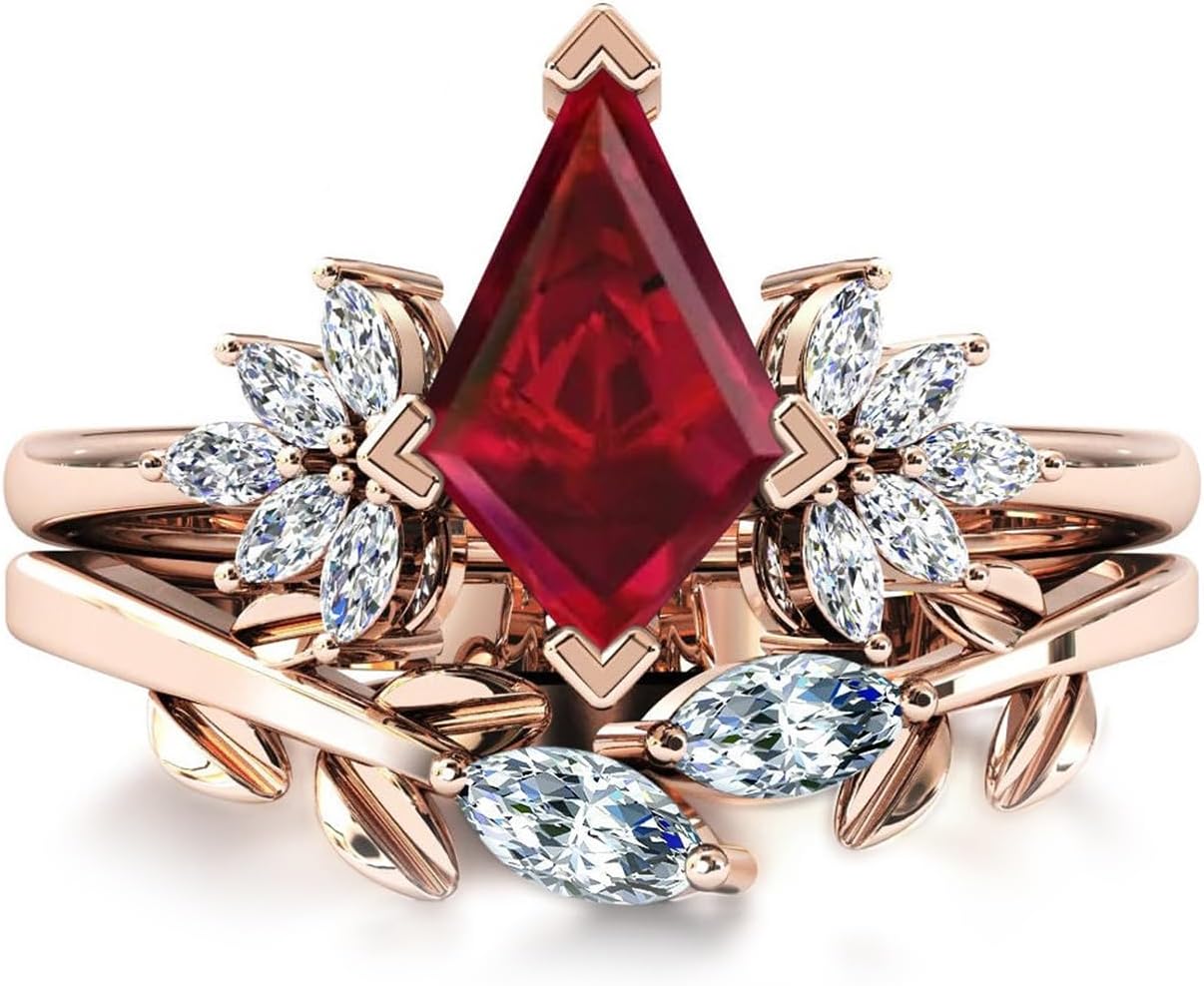 10K 14K 18K Gold Ruby Rings Set for Women, Kite/Marquise/Pear Cut Art Deco Ruby Promise Engagement Wedding Anniversary Ring Set Unique Bridal Ring Set for Her