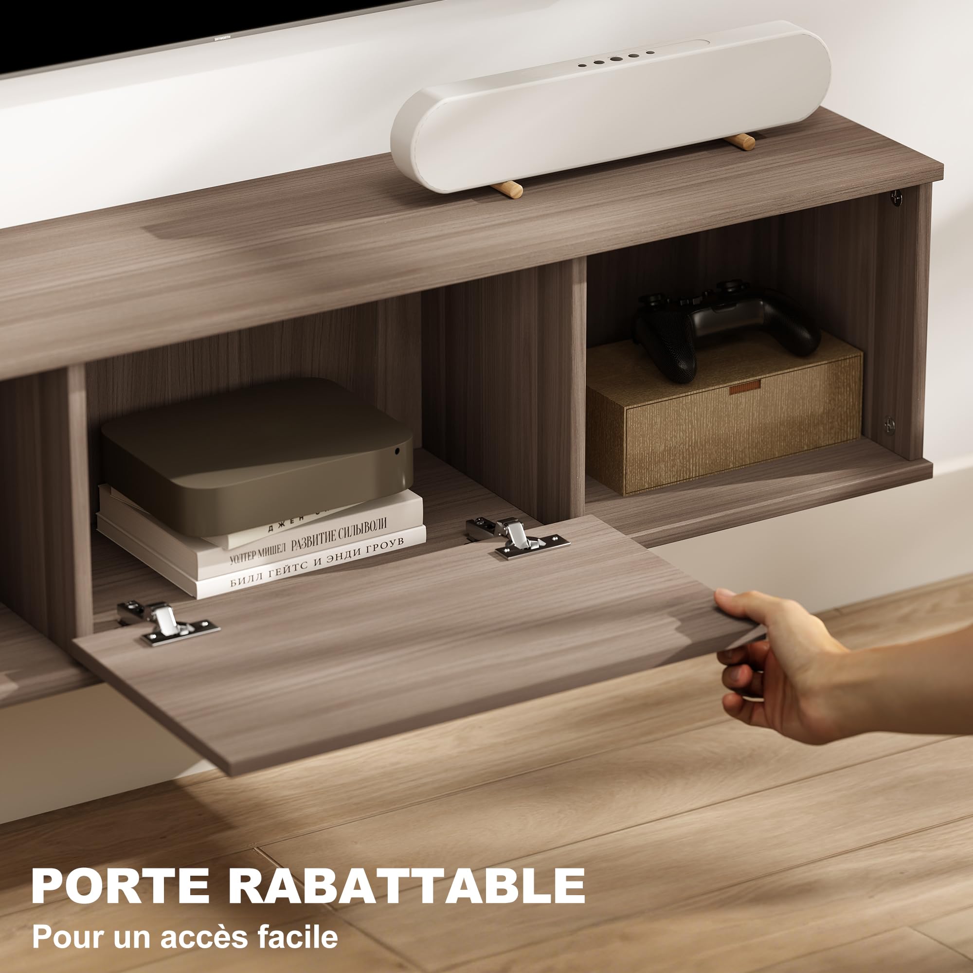 HOMCOM Mobile per TV sospeso 120 cm, armadio da parete, mobile pensile, stile moderno, con 2 scomparti aperti e porta pieghevole, colore: marrone