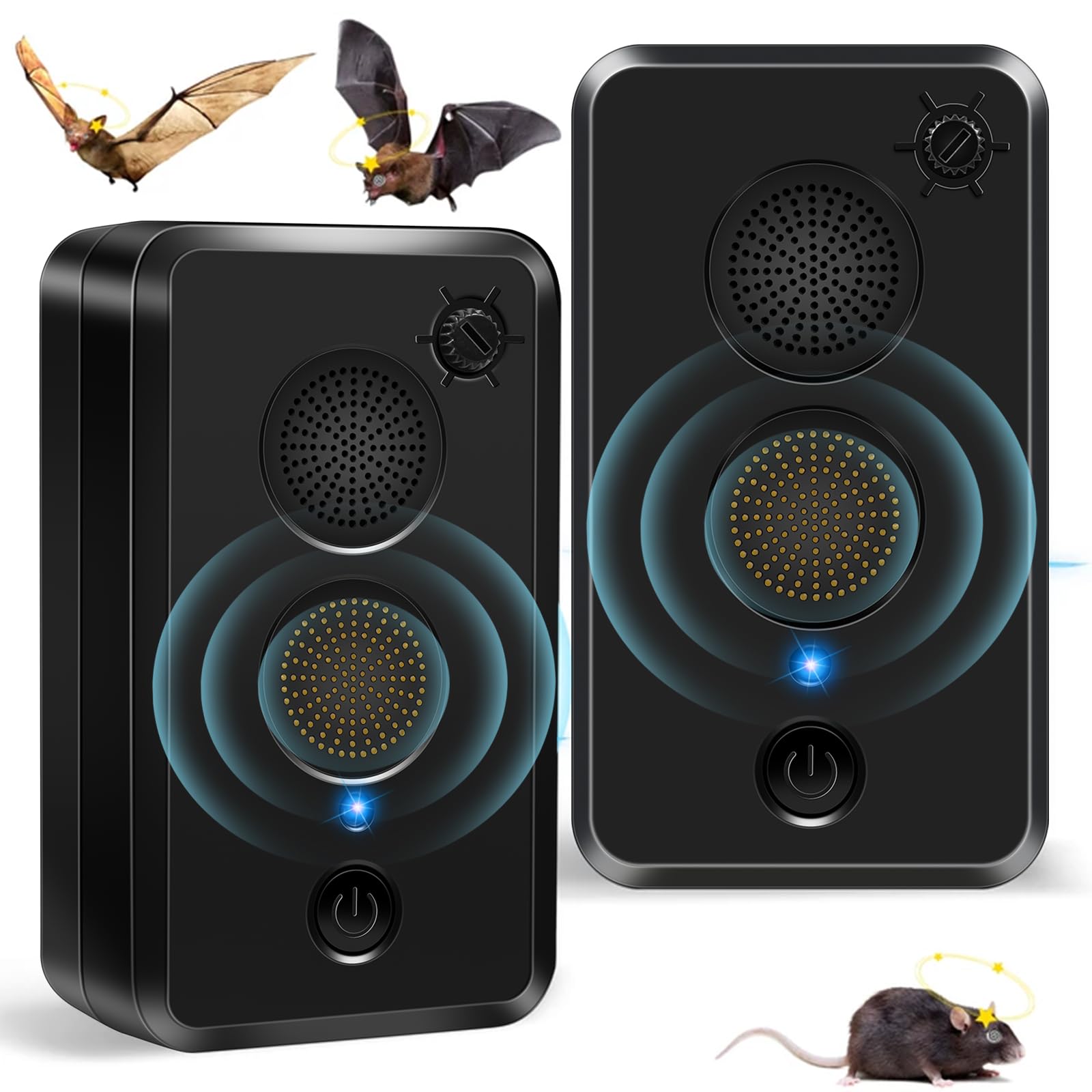 Lot de 2 répulsifs à ultrasons pour grenier, fonctionne avec des piles pour intérieur et extérieur, dispositif dissuasif réglable pour garder les chauves-souris à distance, respectueux des humains et