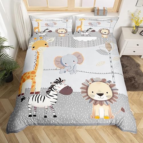 Juego de ropa de cama de dibujos animados con bonitos animales, tamaño individual, funda de edredón con estampado de jirafa de elefante, león,