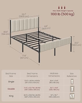 VASAGLE Double Bed Frame, 135 x 190 cm, with Upholstered Headboard, Metal Bed Frame, 500 kg Weight Capacity, Easy Assembly, Cappuccino Beige RMB976LH01V1