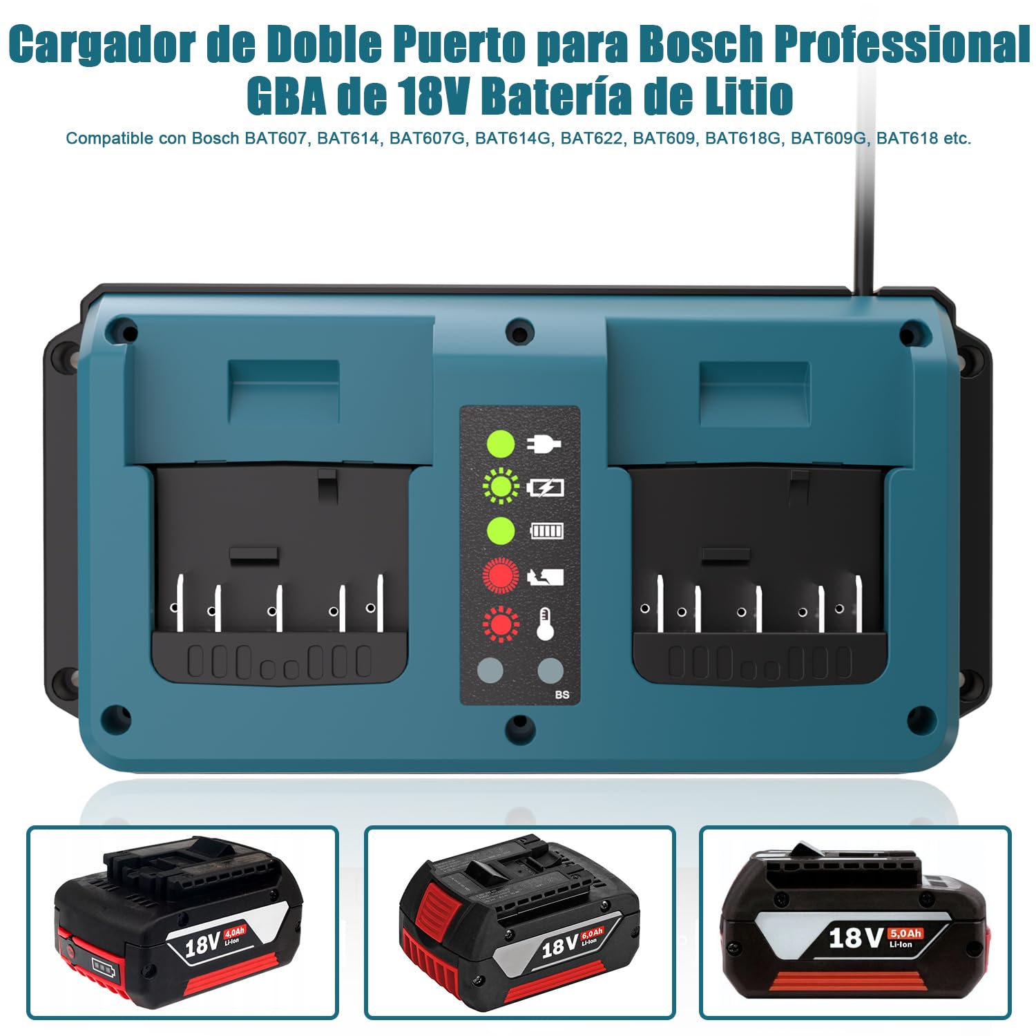 KUNLUN Cargador para Bosch Professional 18V Batería, Cargador de Reemplazo de 2 Puertos con Pantalla LED para Bosch Baterías 18V GBA BAT609, BAT610G, BAT618G, BAT619 y BAT621 (para Bosch GBA) | GBA BAT609, BAT610G, BAT618G, BAT619 y BAT621 Batería, con pa