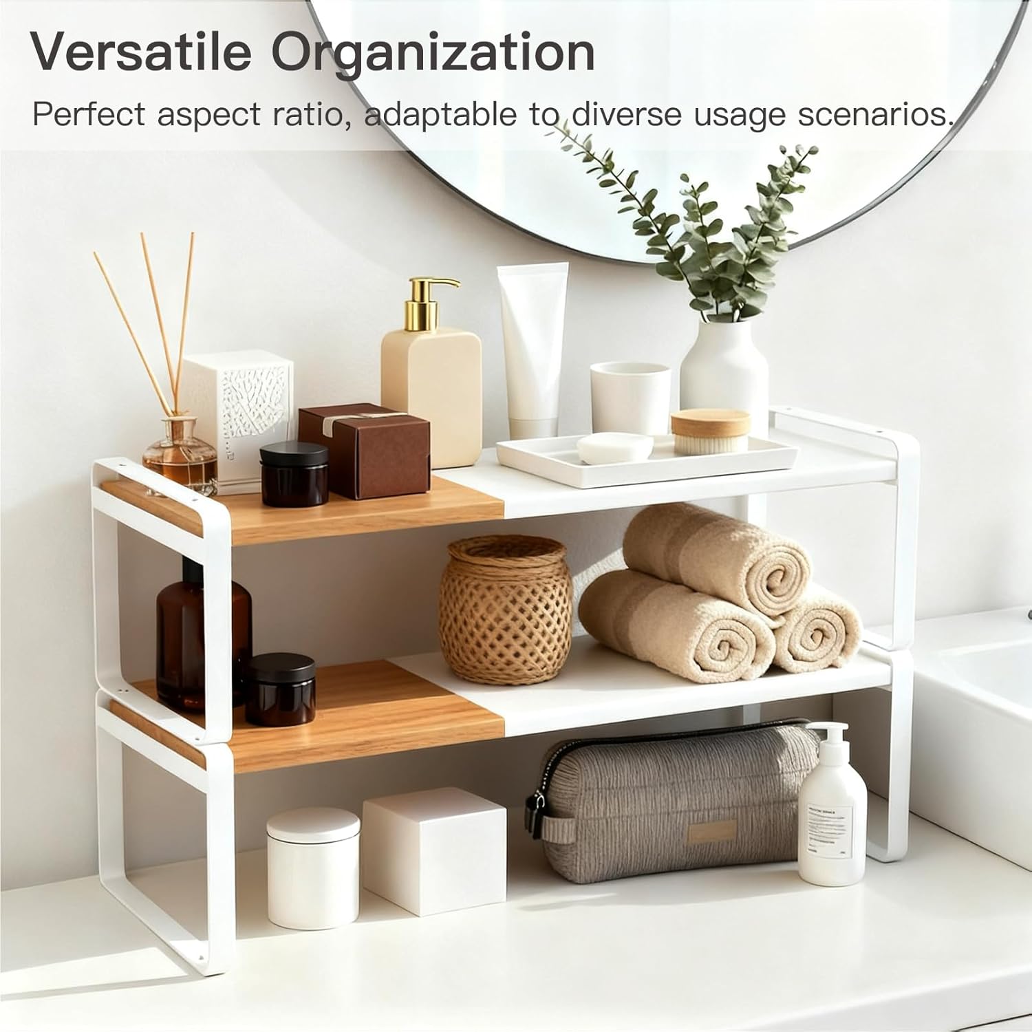Expandable Cabinet Shelf Organizer & Spice Rack, Stackable Kitchen Counter Riser with Anti-Slip Legs, Bamboo Cupboard Storage for Dish, Plate & Canned Food, Small Shoe Rack for Closet (White)