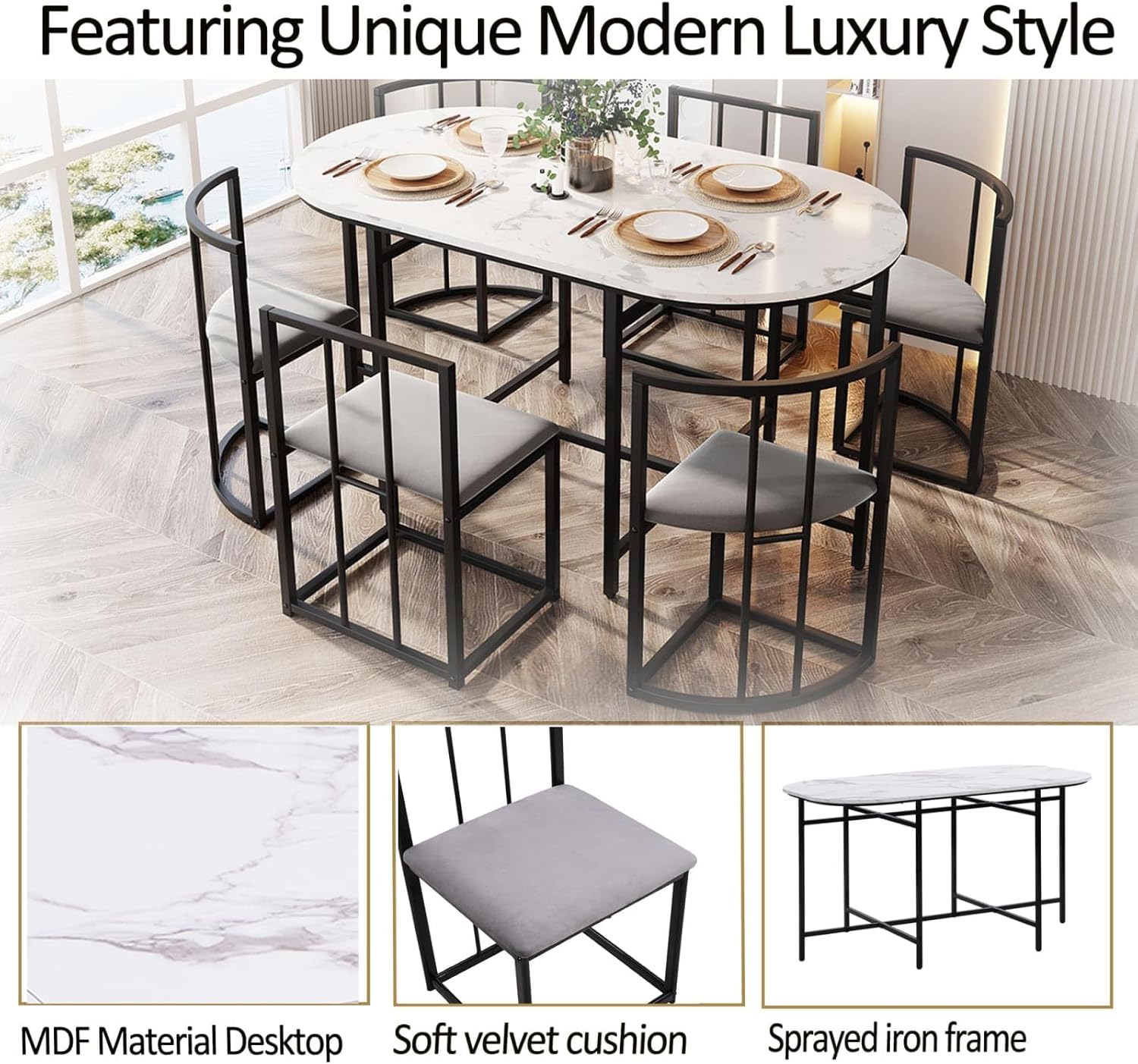 Features: MDF desktop, velvet cushion, sprayed iron frame