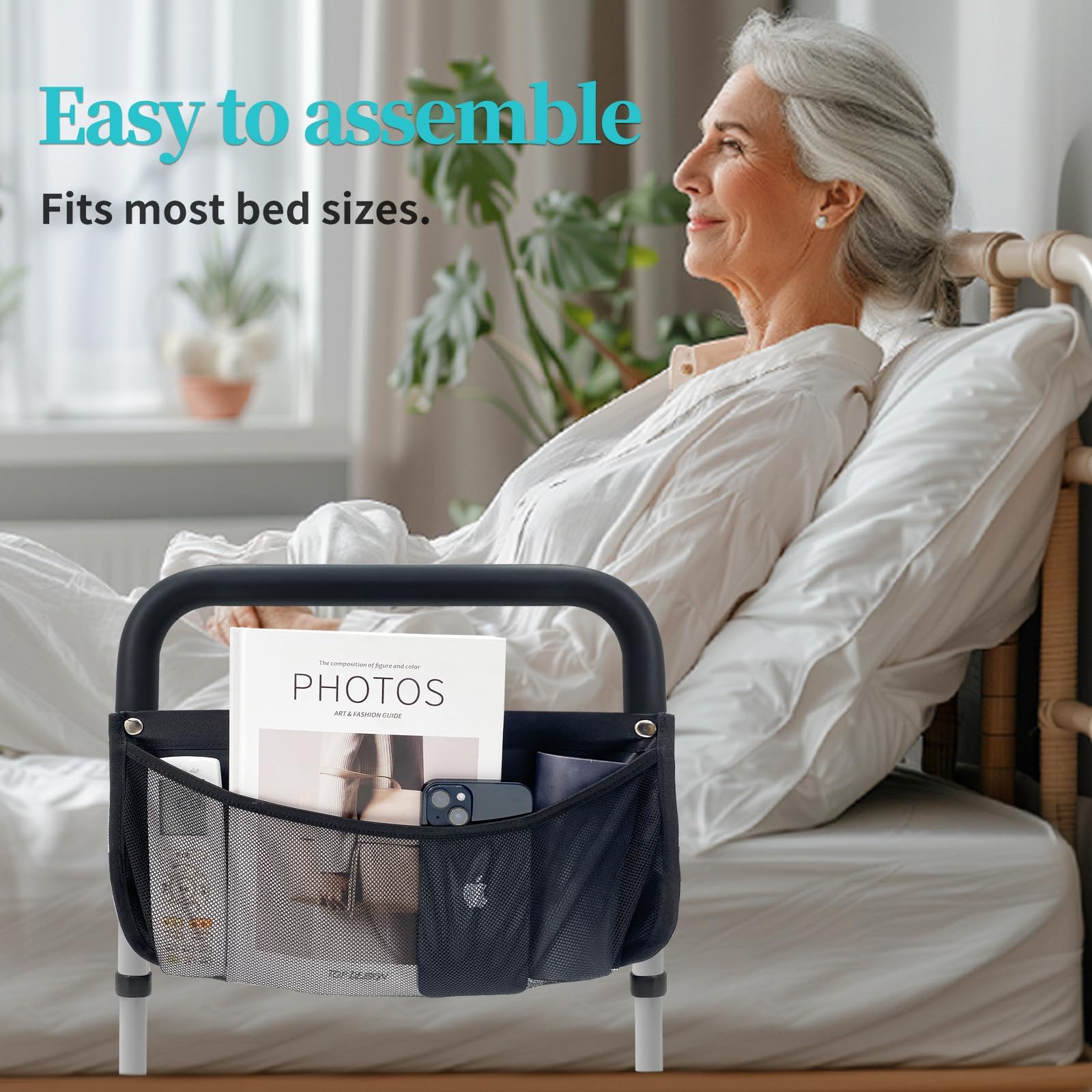 AOHHL Bed Rails for Elderly Adults Safety with Adjustable Heights Storage Pocket Assist Support Side Railings for Seniors Citizens Slides Under Mattressbed Cane Bed Guard Bed Handles Bars (Grey)