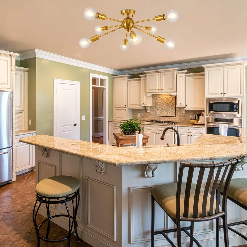 Bеѕt Cуbеr Dеаlѕ 🔥 LynPon Gold Ceiling Light Fixture, 8 Lights Mid Century Sputnik Chandelier Semi Flush Mount Light Fixtures Bedroom Brass Lighting Fixture for Kitchen Dining Room Hallway Lighting