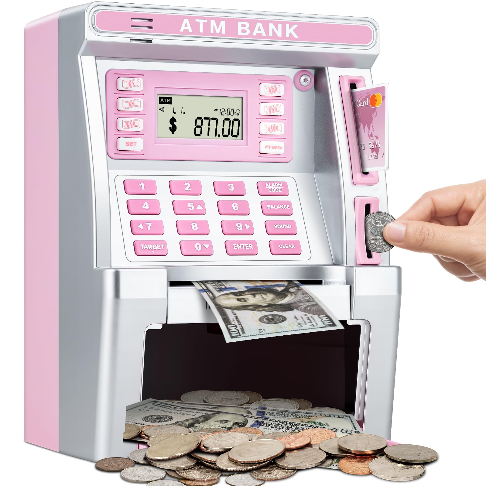 Pink Piggy Bank for Kids, ATM Machine Bank for Real Money with Debit Card, Bill Feeder, Coin Recognition, Balance Calculator, Electronic Savings Safe Box, Gifts for Teen Boy Girl