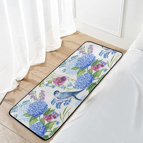 Miniatura 7 de Alfombra de cocina de pájaro con hortensias azules, 39 x 20 pulgadas, antideslizante, lavable, para cocina, fregadero, entrada, alfombra de pasillo
