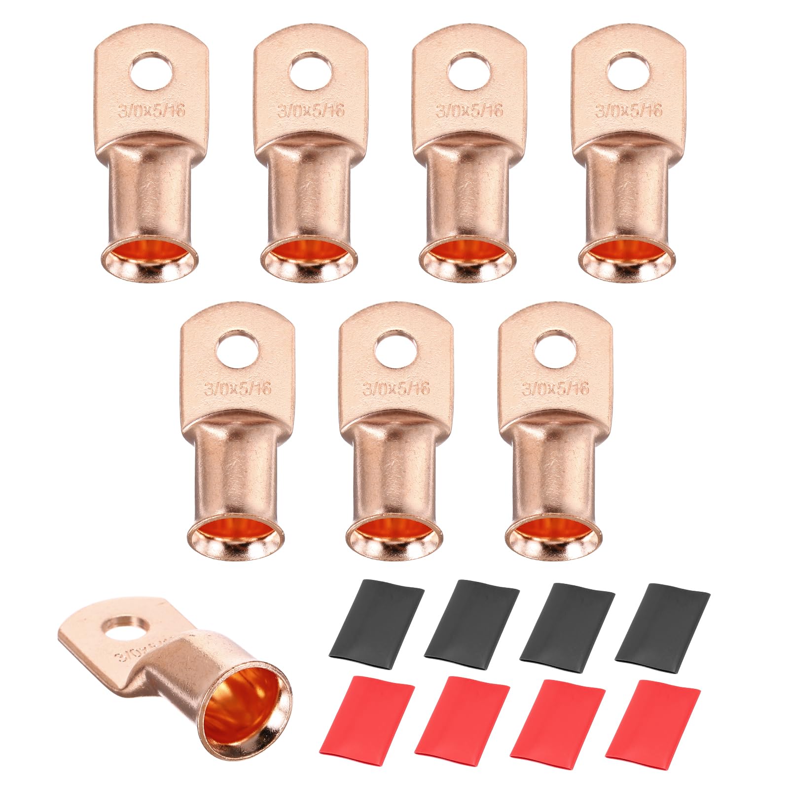 sourcing map 8pcs 3/0 AWG M8 Battery Lugs Ring Terminals, 5/16" 8mm Stud Crimp Wire Terminal Connector End Copper, 3:1 Heat Shrink Tubing, Gold — image 1
