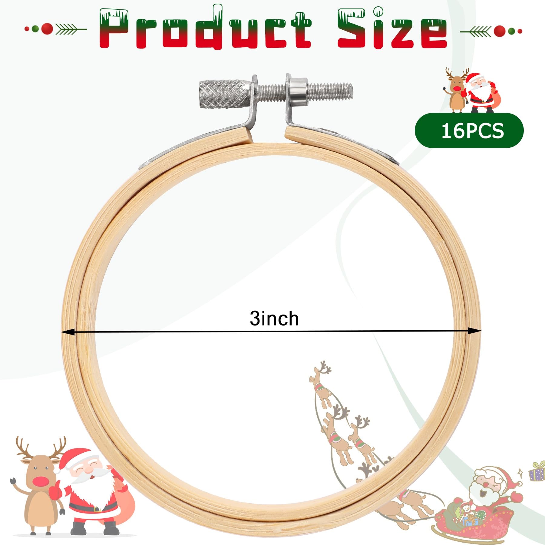 FEBSNOW 12 aros de bordado de 3 pulgadas ajustables, material natural, círculo de punto de cruz, aro redondo de madera a granel para manualidades, costura práctica y decoración de Navidad