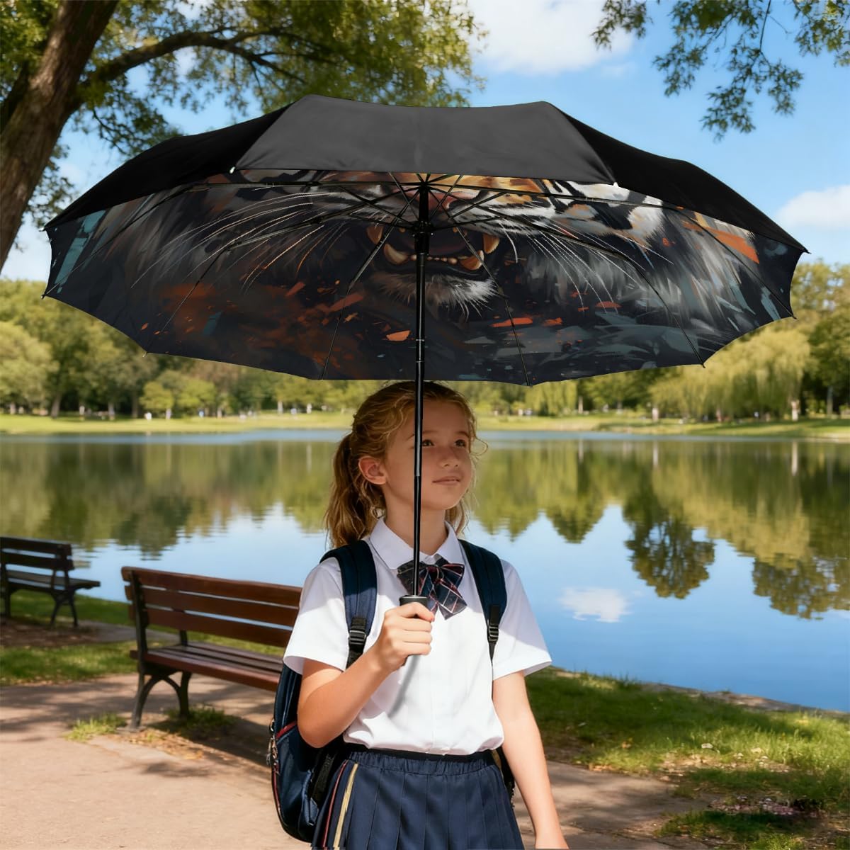 Oil Painting Animal Tiger Folding Umbrella Windproof Compact Lightweight Travel Umbrella with 8 Reinforced Ribs, Portable UV Sun & Rain Protection for Men & Women