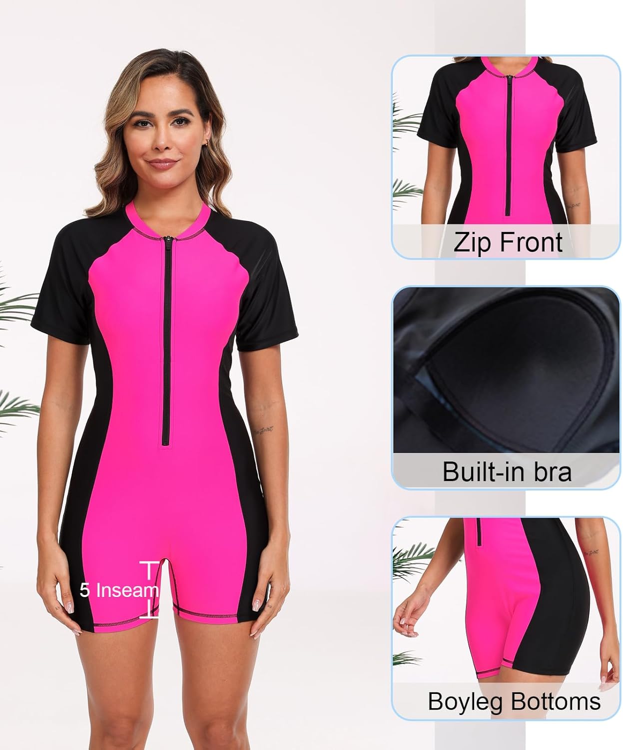 Halcurt Women's Boyleg One Piece Rash Guard with Built in Bra Zip Front UPF50+ Short Sleeve Full Body Surfing Swimsuit