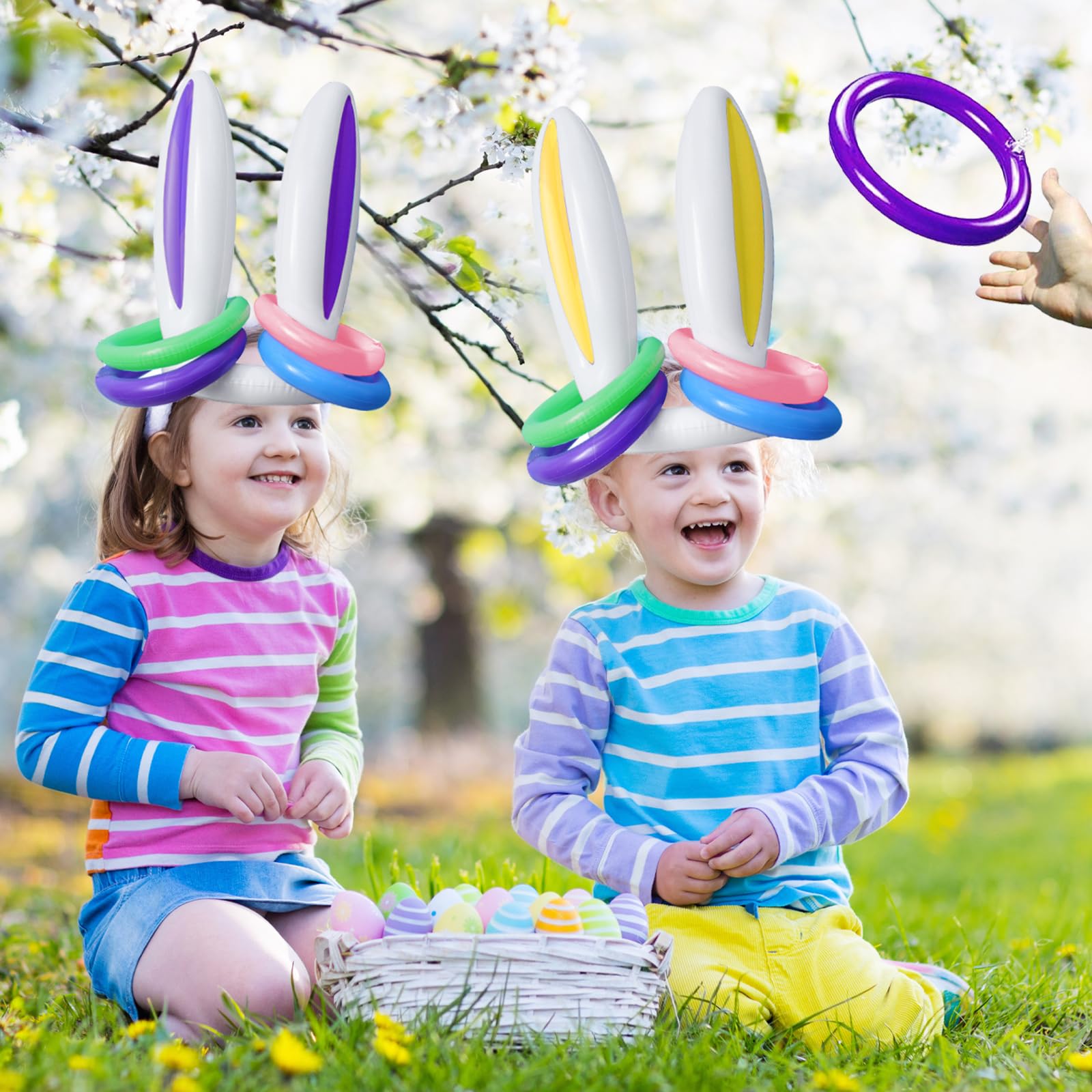Jeu de Lancer d'Anneaux Gonflable pour Oreilles de Lapin, avec Anneaux et 1 Pompe,Jeu Exterieur Enfant Adulte,Amusant Jeux Gonflable Piscine pour Jardin Fête Pâques Party