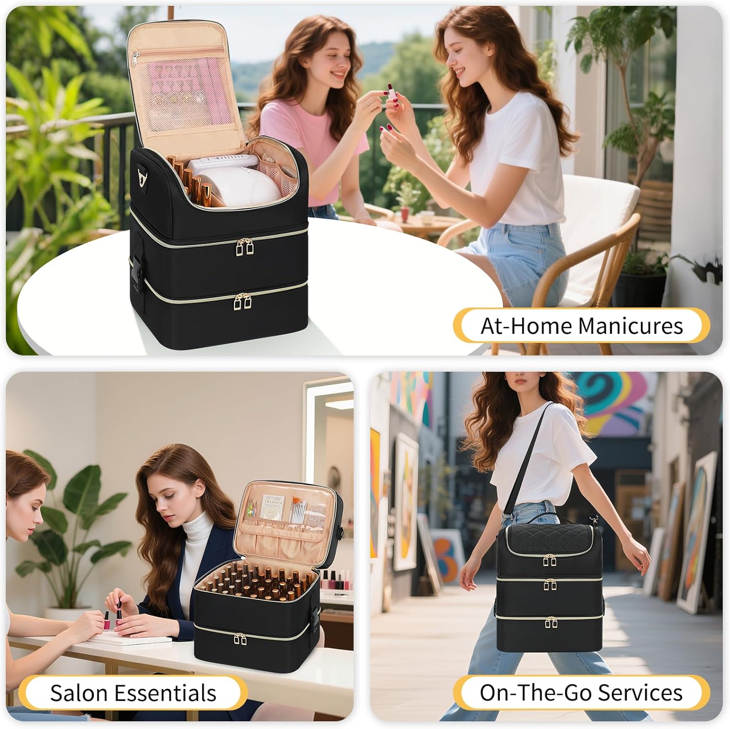 Nail Polish Organizer & Tattoo Travel Case - 3-Layer Nail Organizers and Storage Bag Holds 86-100+ Bottles, Portable Nail Supplies Organizer, Nail Tech Kit Box, Multi-Functional Cosmetic Case