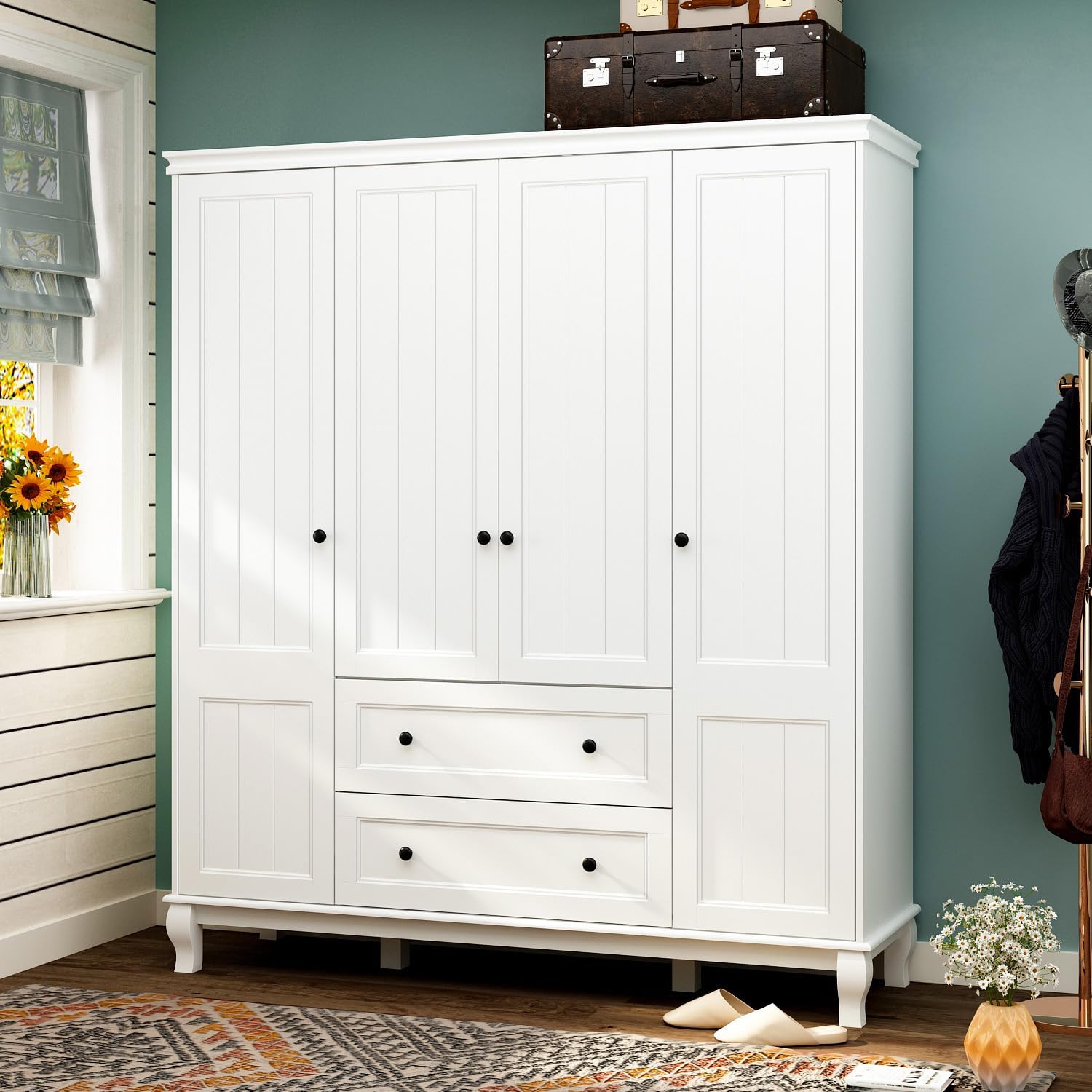 Hitow 4 Door Wardrobe Armoire Cabinet with 2 Drawers, Freestanding Wardrobe Closet with Storage Shelves & 2 Hanging Rod, Bedroom Armoire Clothing Organizer, White (63" W x 18.9" D x 71.3" H)