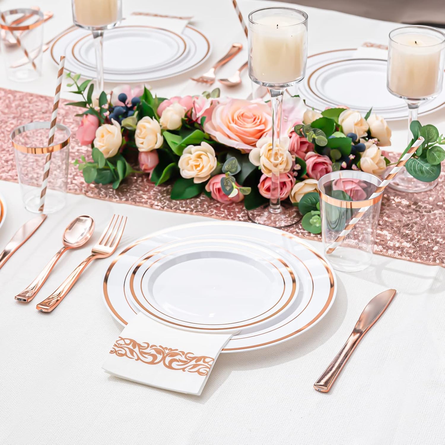 175PCS Rose Gold Dinnerware Set for 25 Guests, Rose Gold Rim Plastic Disposable Plates for Party Wedding Include 25 Dinner Plates, Dessert Plates, Silverware Set, Napkins, Cups