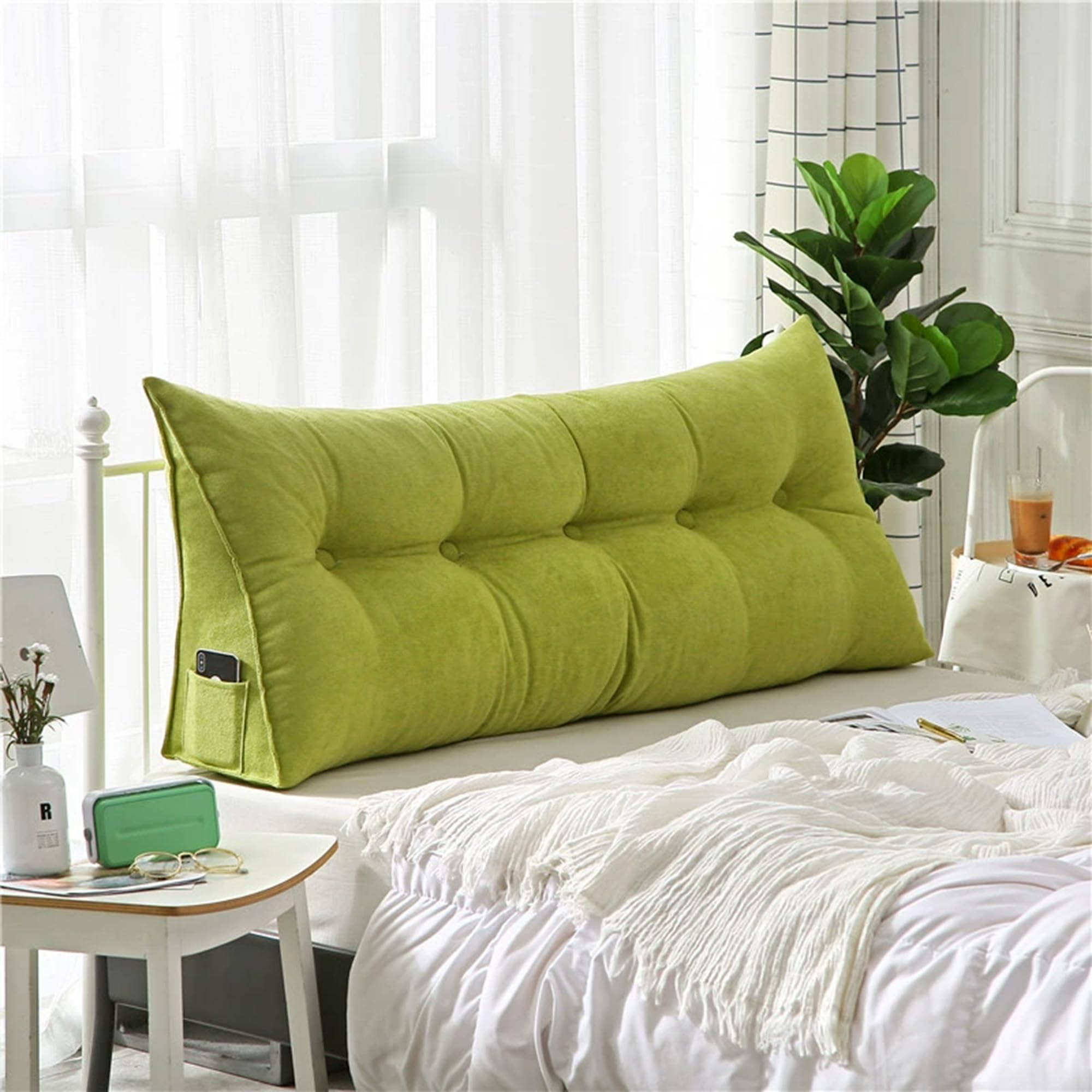 DUOLEH Headboard Triangular Rest Reading Pillow, Triangular Wedge Bolster Pillow, Large Headboard Backrest, Lumbar Support Cushion with Pocket, Wedge Cushion for Beds (120x50x20cm,Green)