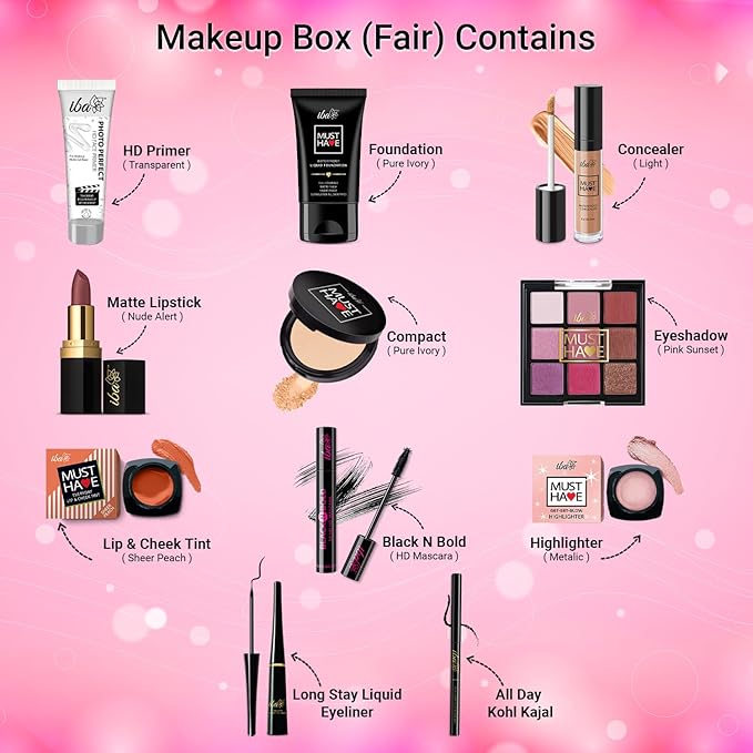 Iba Must Have Complete Makeup Box for Women (Fair) with 11 Essential Products | Waterproof | Bridal Makeup | Full Face Makeup | 100% Vegan & Cruelty Free