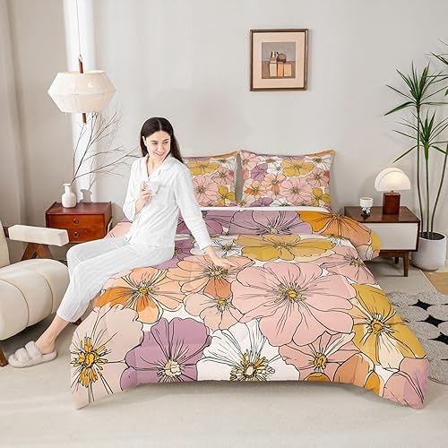 Miniatura 5 de Groovy - Juego de edredón de flores de los años 60, 70 y 80, color rosa, morado, amarillo, juego de ropa de cama retro floral bohemio para niños y