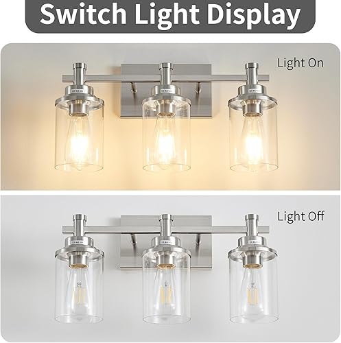 Miniatura 3 de Luces de tocador de 3 luces de níquel cepillado con pantalla de vidrio transparente, moderna luz de tocador de baño sobre espejo, lámpara de pared